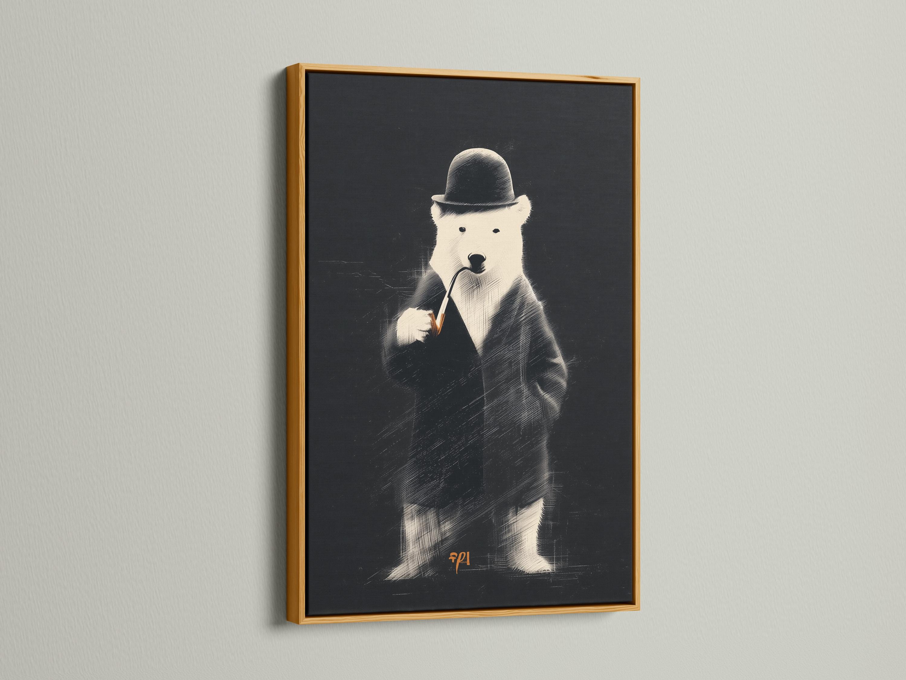 Monochrome polar bear portrait wearing a dark hat and jacket against a textured black background detail view