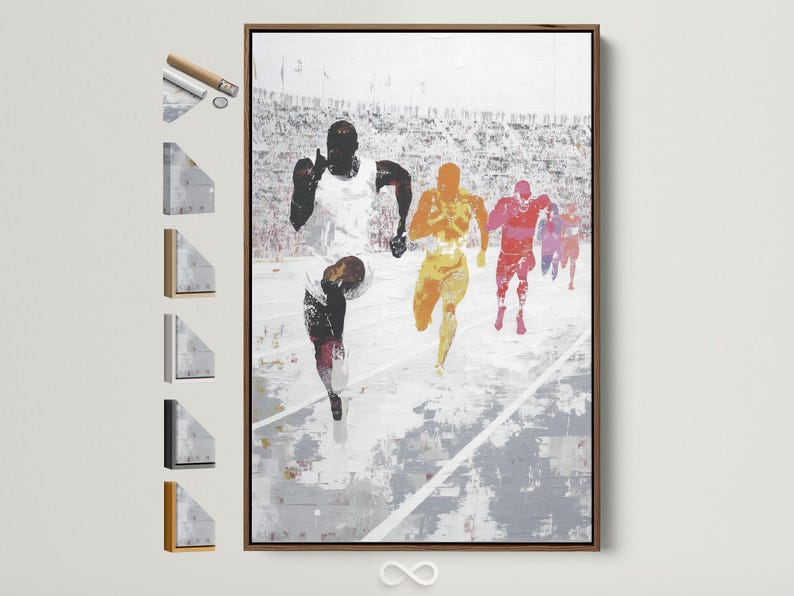 Painted runners race scene with dark silhouettes and orange, yellow and red highlights
