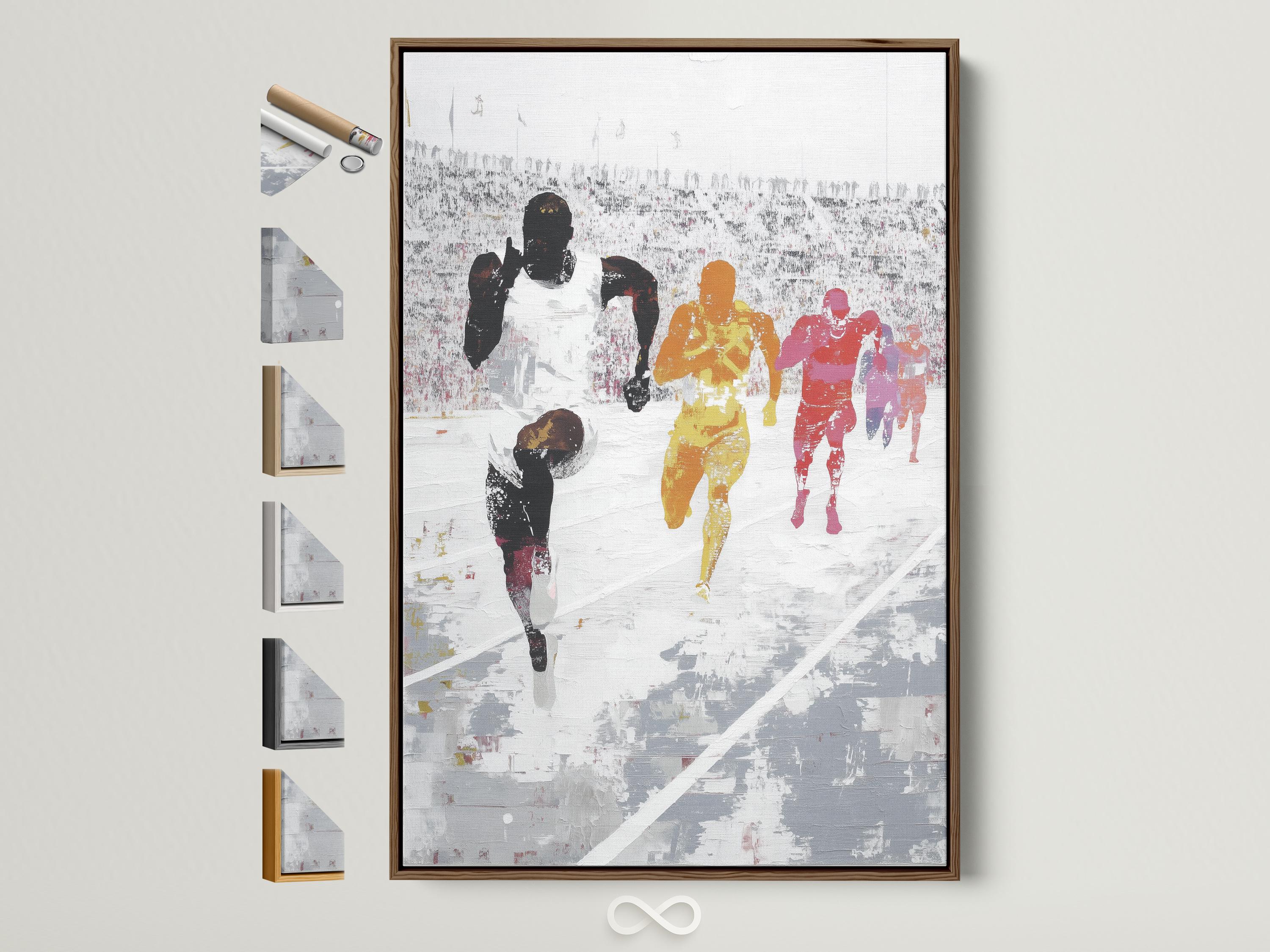 Painted runners race scene with dark silhouettes and orange, yellow and red highlights