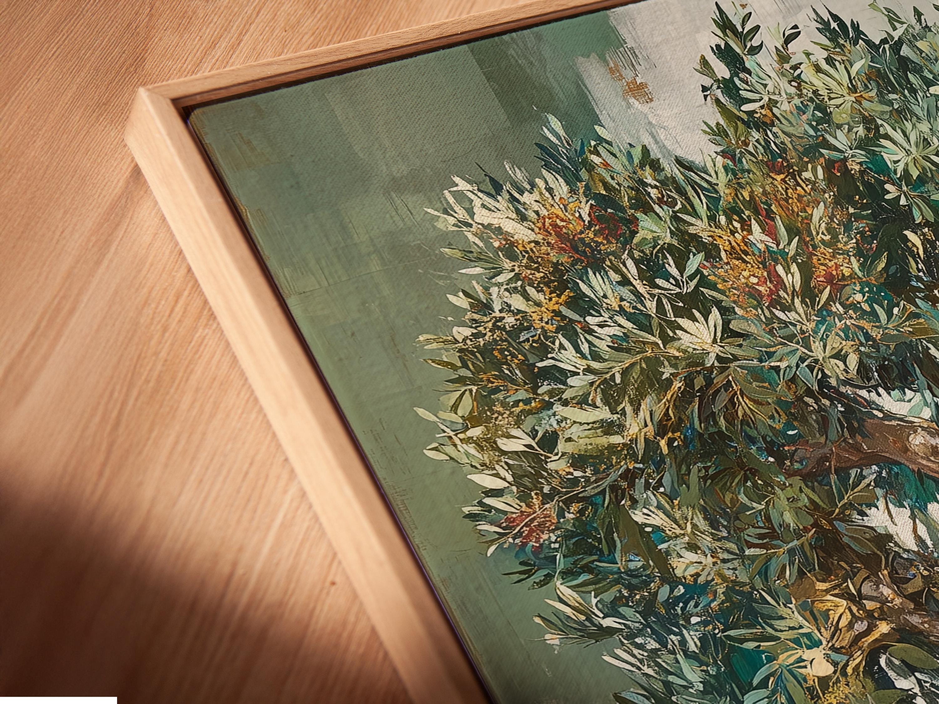 Room mockup showing olive tree wall artwork in a framed presentation