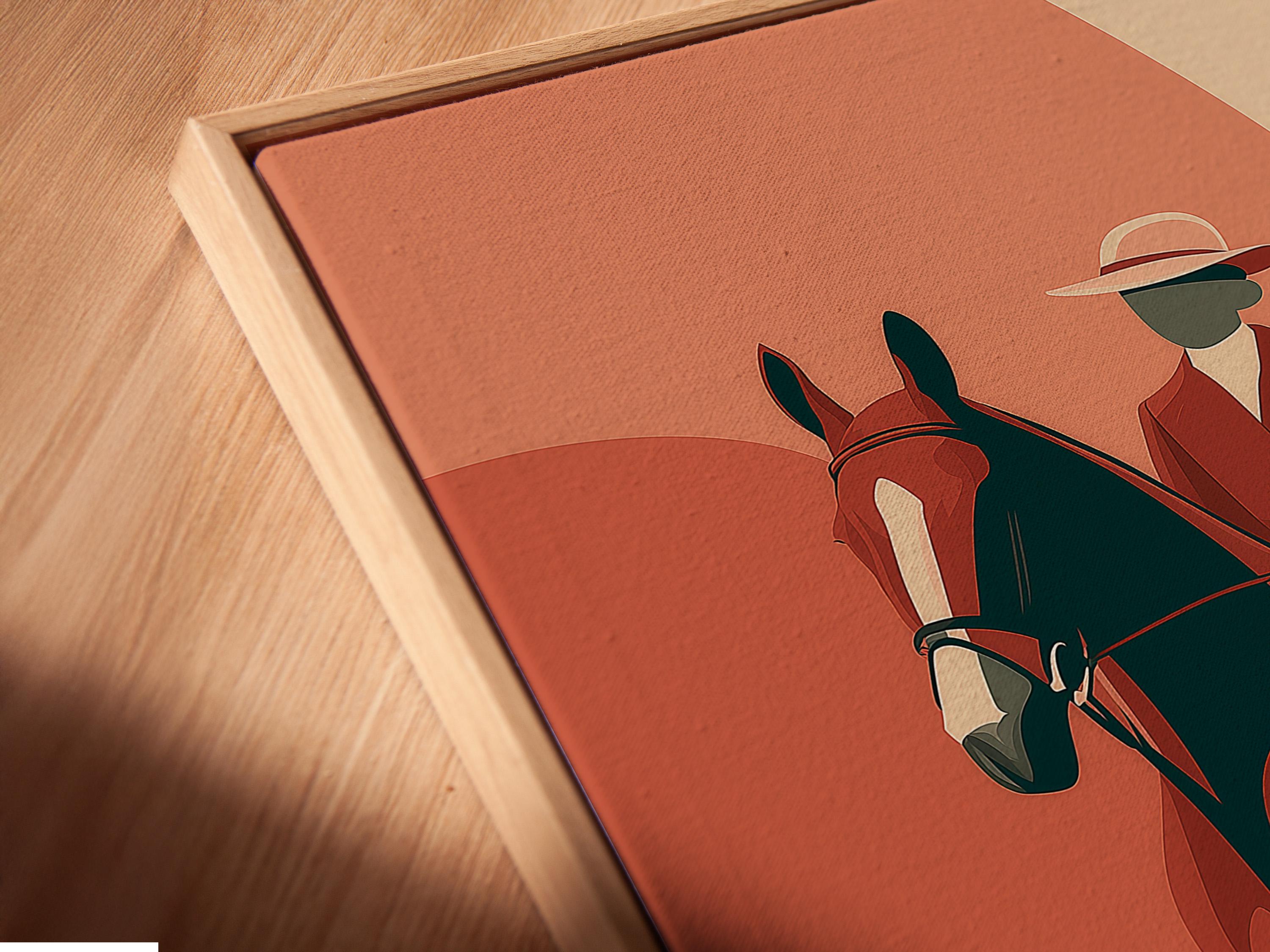 A stylised equestrian rider sits on a dark horse, set against a warm rust-red and beige abstract background with bold green and grey shapes detail
