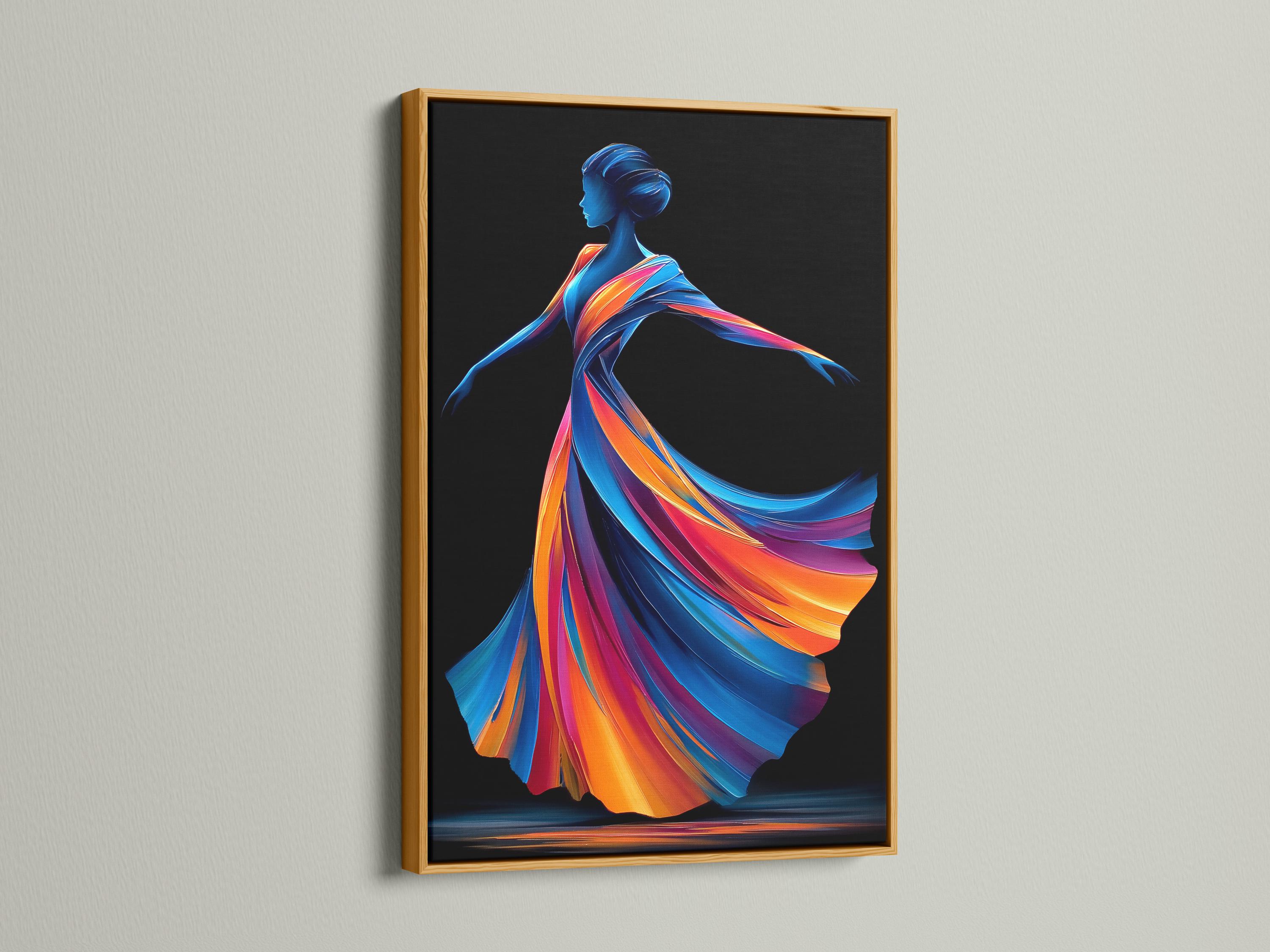 Wall mockup showing a framed abstract woman profile artwork with rainbow ribbon hair