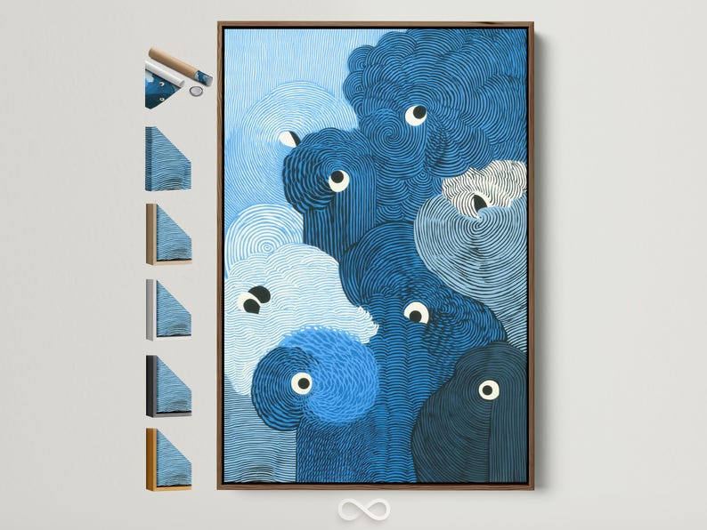 A blue animal portrait style artwork features overlapping rounded forms with spiralling contour lines and large cartoon eyes
