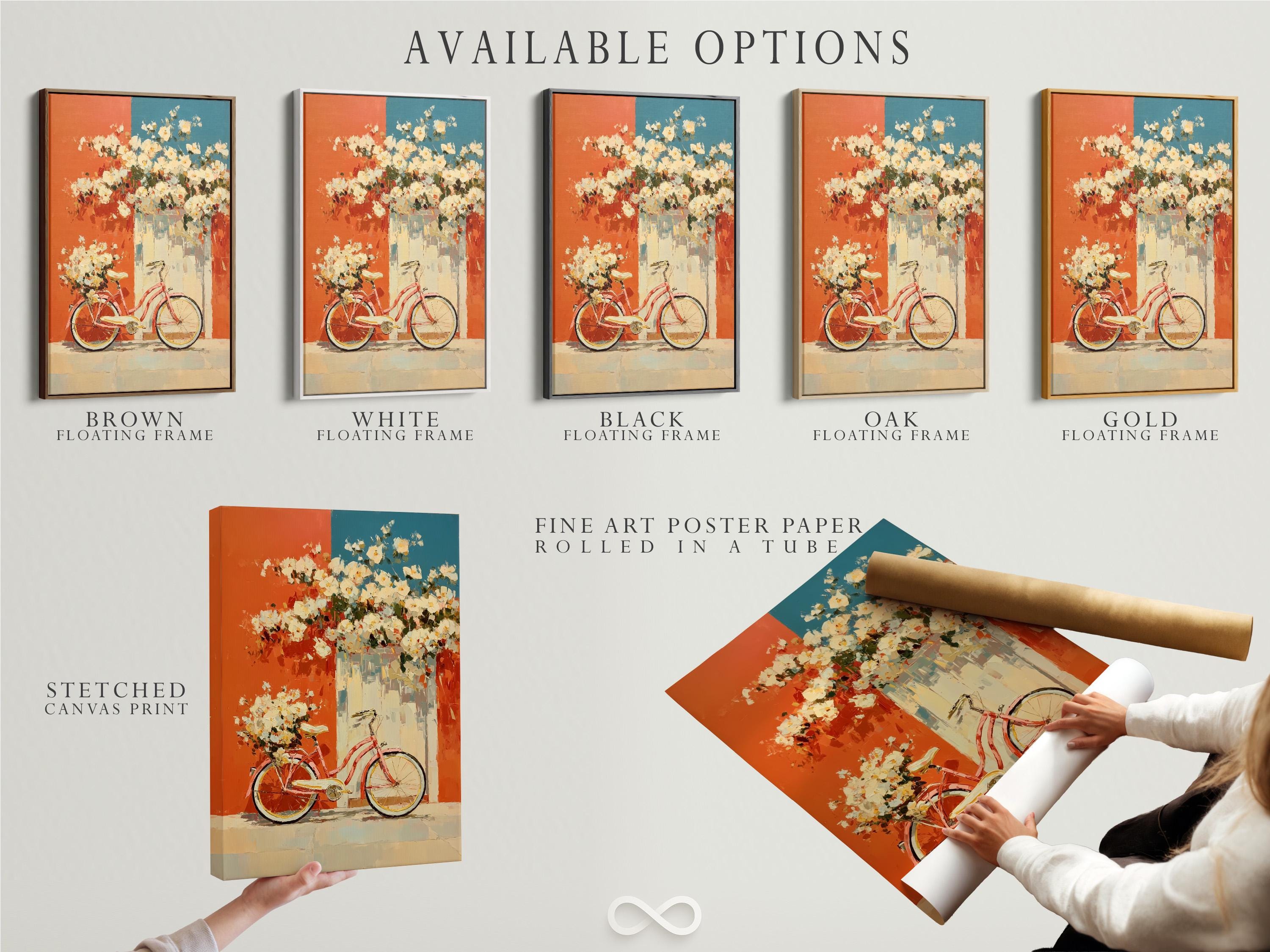 Vintage red bicycle with white blossoms on a coral and teal painterly background detail view