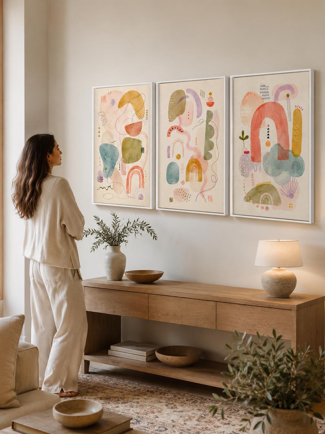Three pastel abstract panels show organic geometric shapes, doodle-like lines and dots arranged in collage-style compositions within light cream