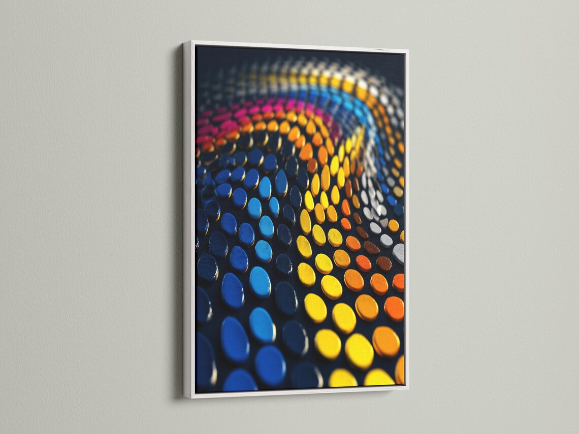 Abstract dots wave in blue, purple, yellow and orange on a dark background detail view