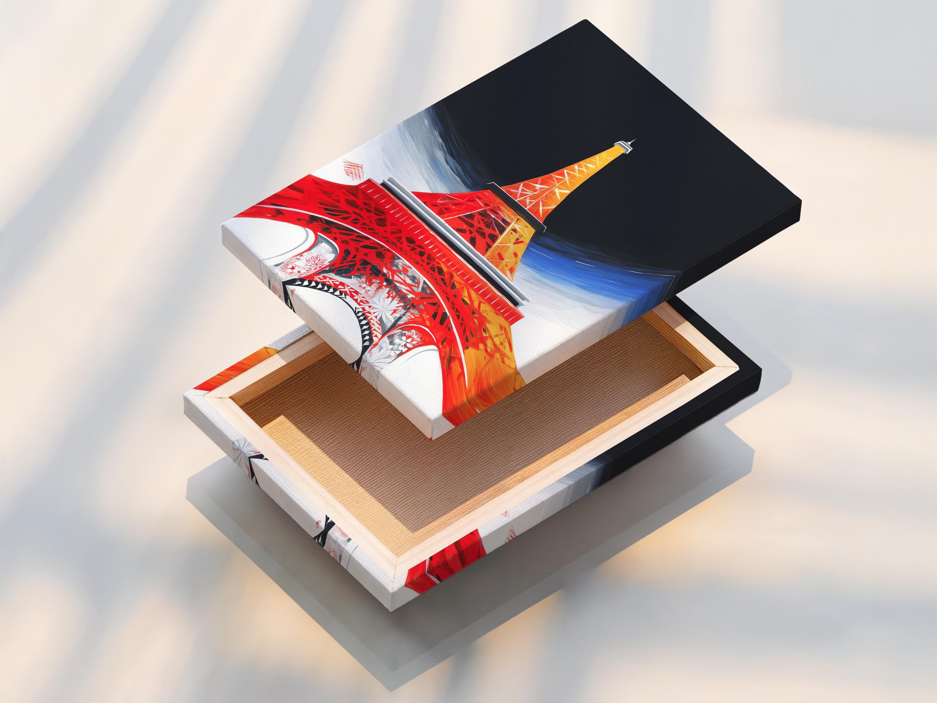 Room mockup showing framed Eiffel Tower artwork in red, orange and blue