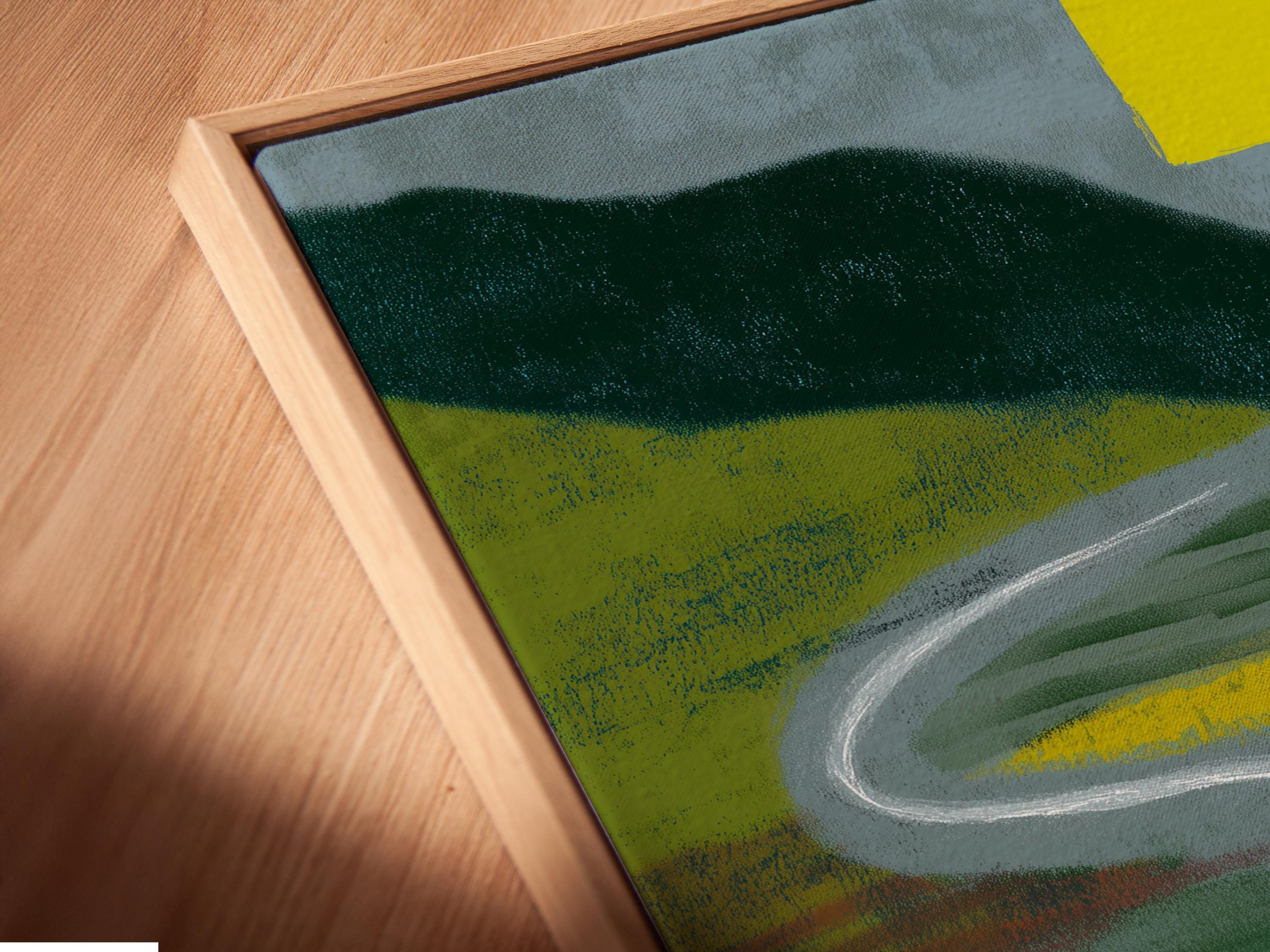 Red vintage race car on a curving track with geometric blocks in pink, yellow and green detail view