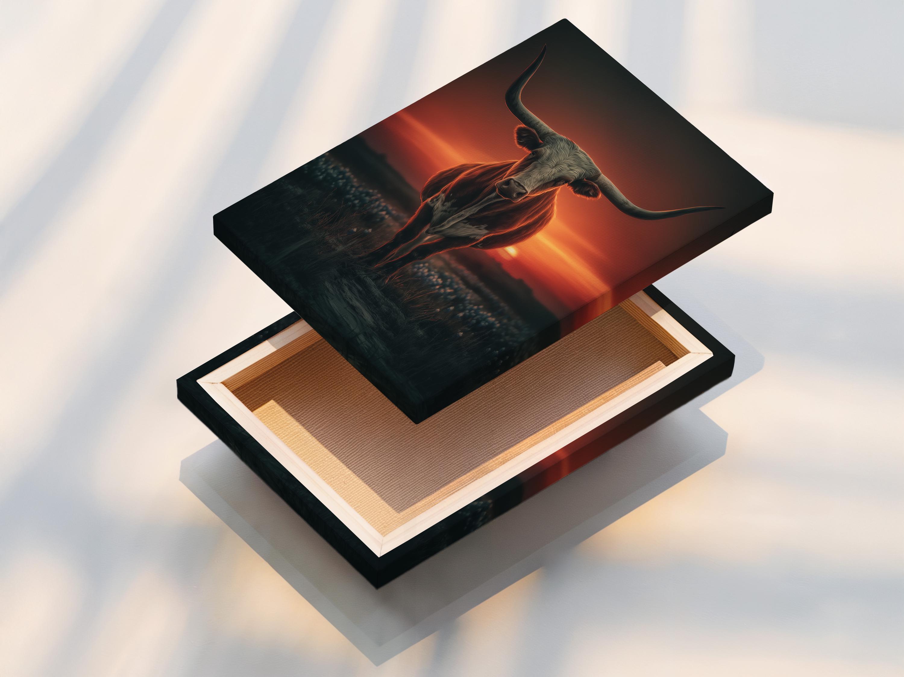 Room mockup showing a framed longhorn bull artwork with a sunset background