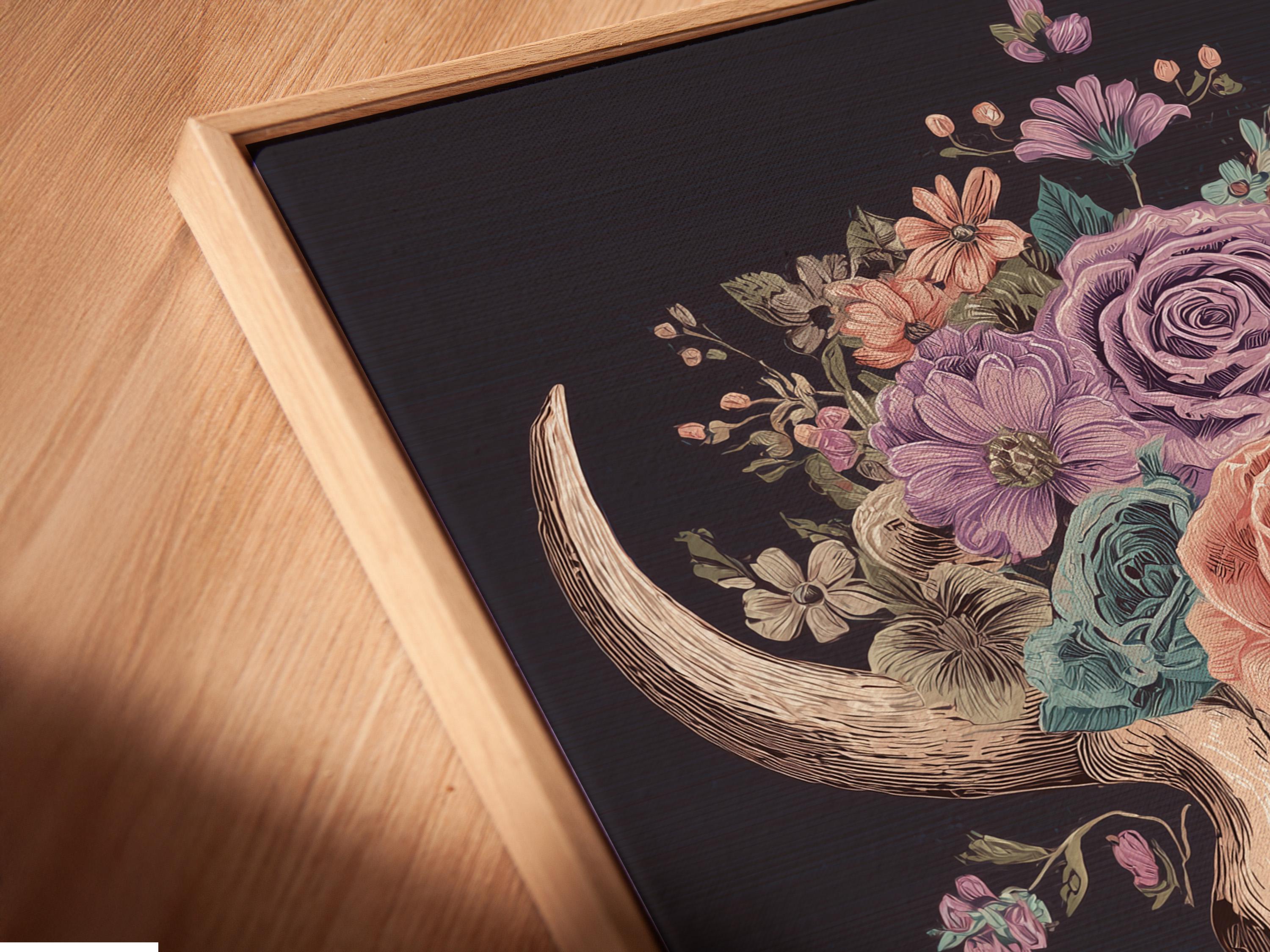 Pastel floral bull skull wall art with a rose crown and horns on a dark background detail view