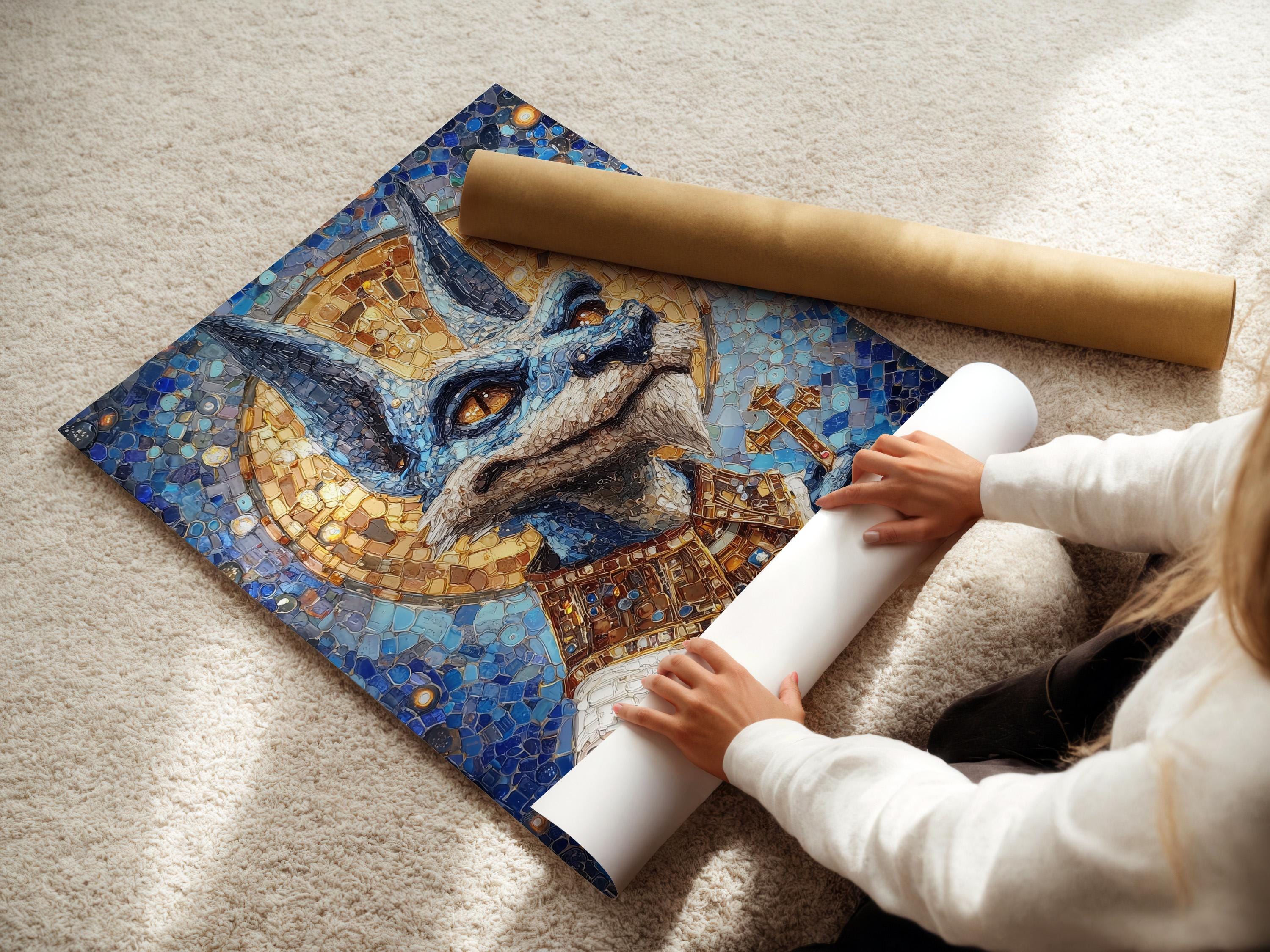 Blue and gold mosaic jackal figure with sparkling highlights detail view