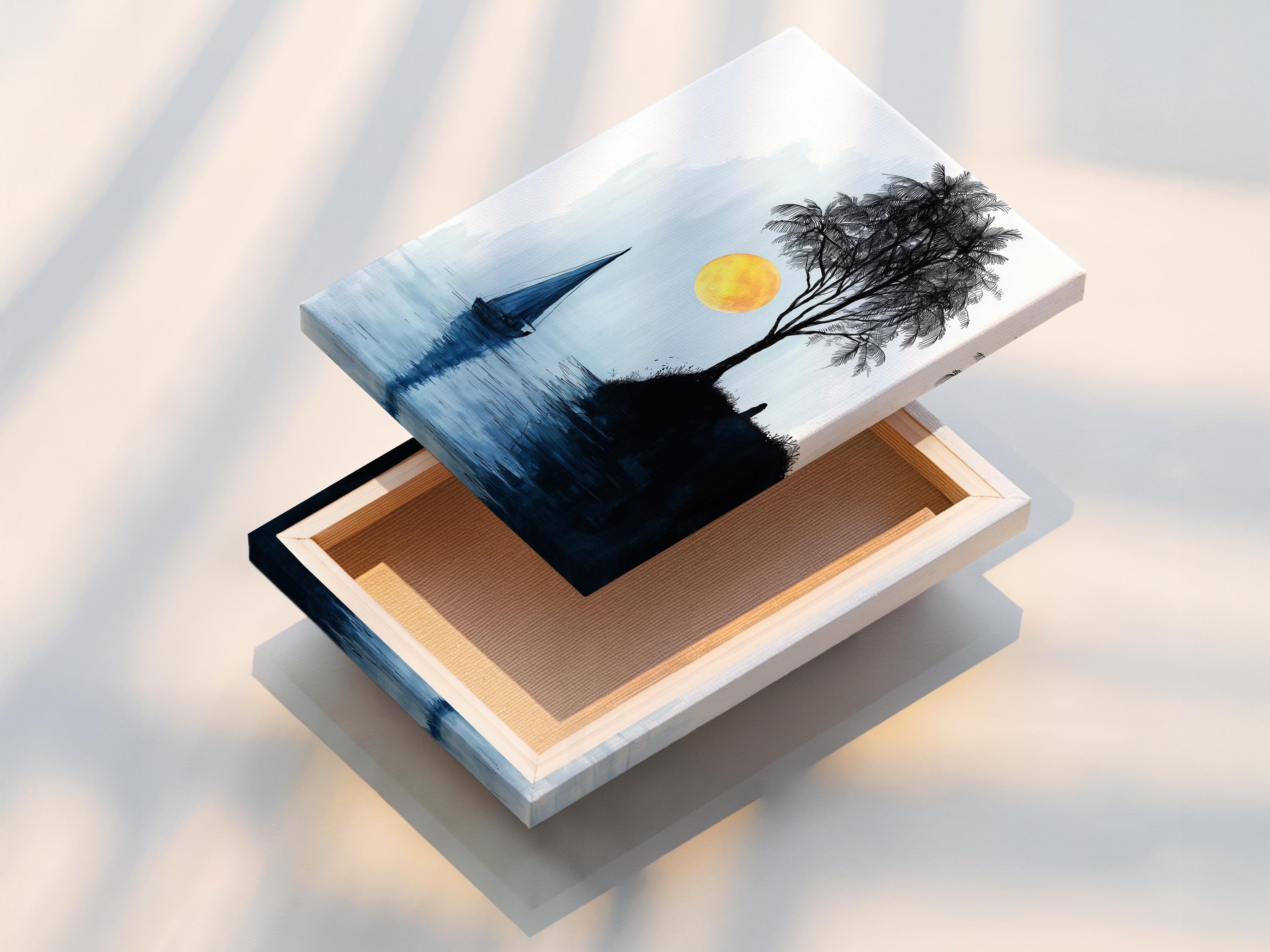 Minimalist seascape with a sailboat on blue water, a palm tree silhouette and a glowing yellow sun detail view