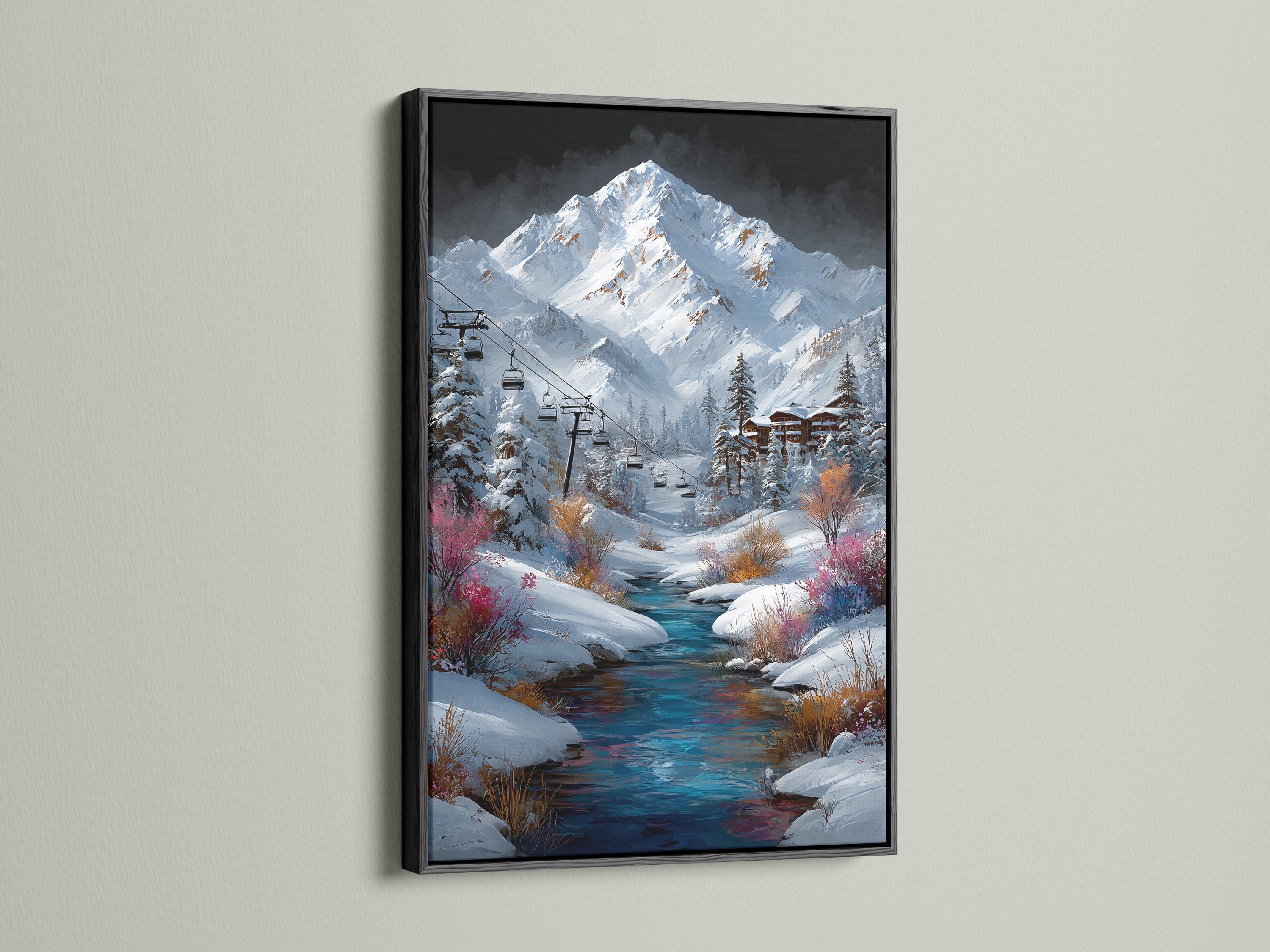 Room mockup featuring a framed snowy mountain landscape with ski lift gondolas