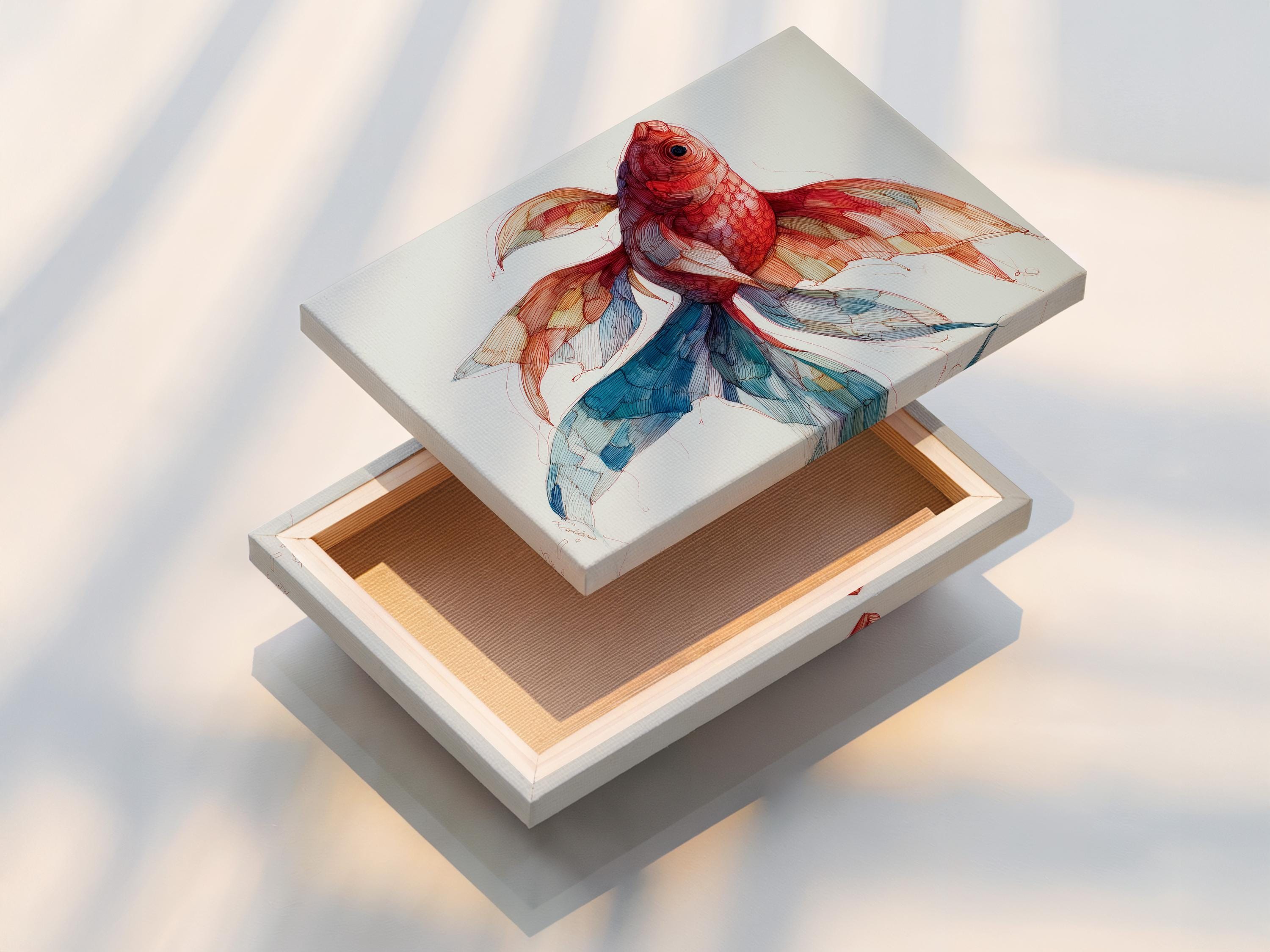 Room mockup showing a framed red goldfish illustration with teal and blue fins