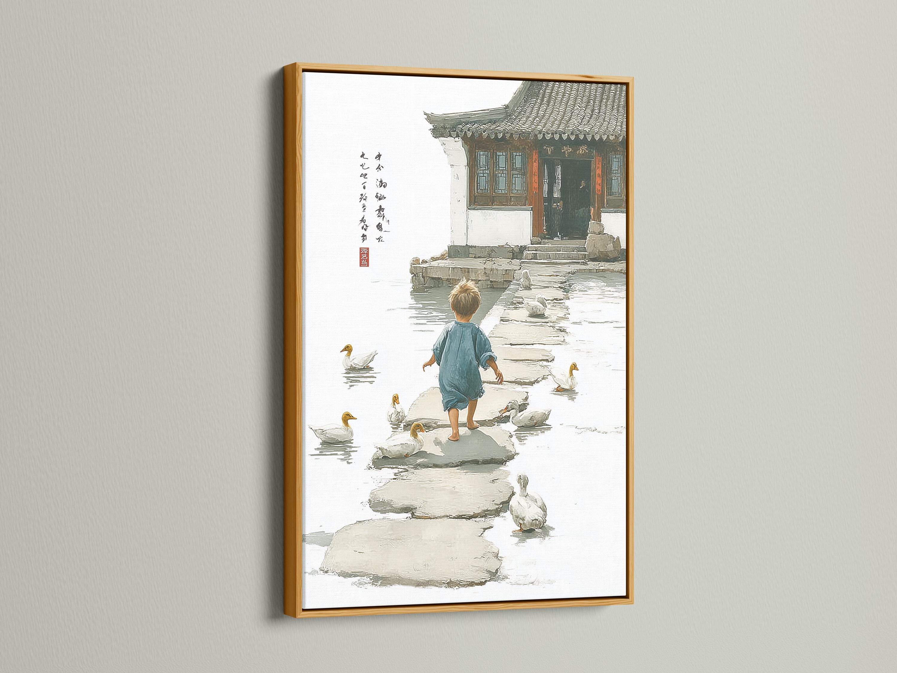 Neutral river scene of a child standing on stepping-stones with ducks in shallow water detail view