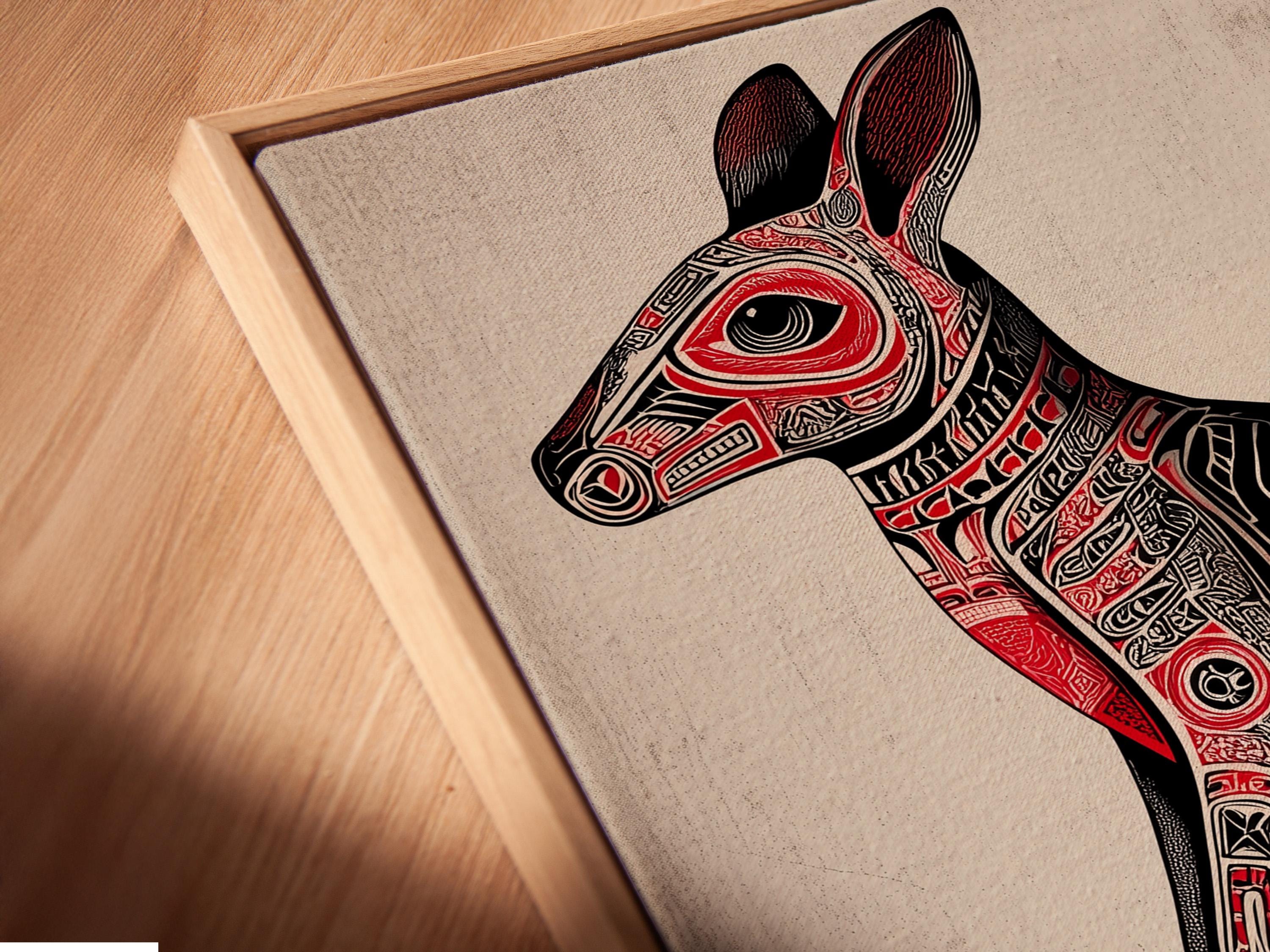 Stylised kangaroo illustration in black and red with detailed tribal patterns detail view