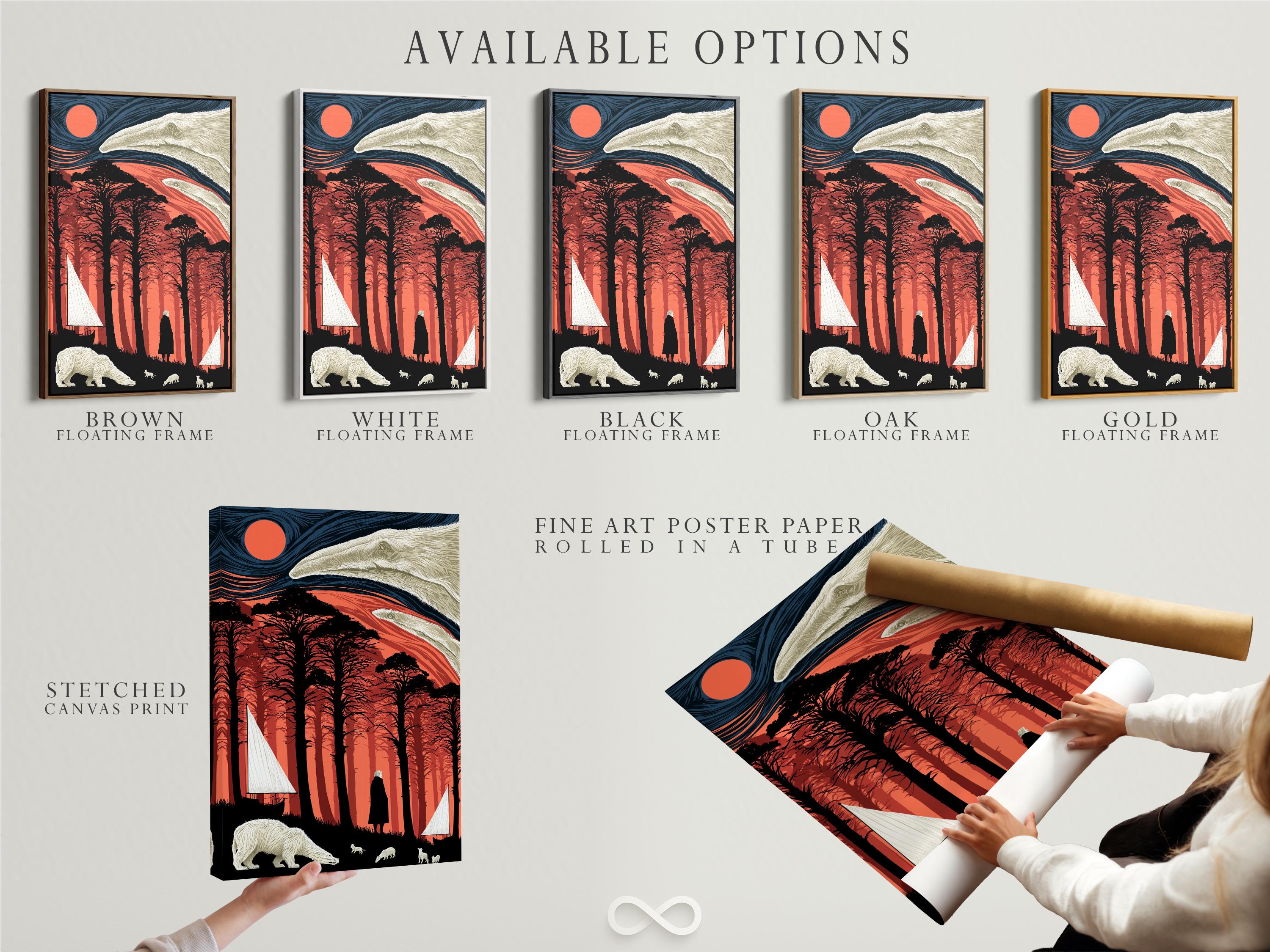Stylised polar bear scene with a red sun, dark forest silhouettes, pale animals and a sailboat detail view