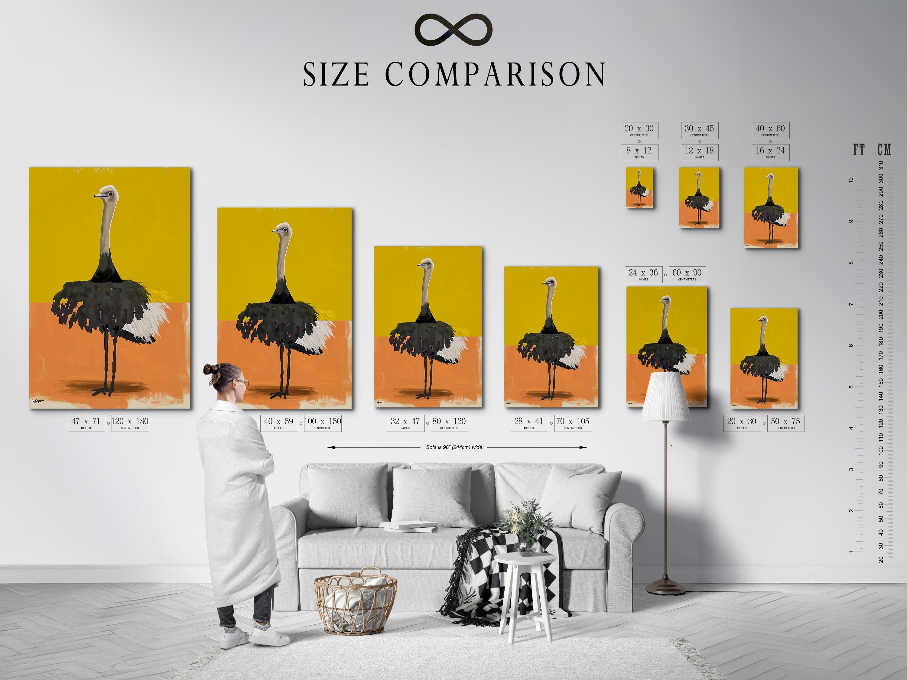 Stylised ostrich portrait in yellow and orange colour blocks with textured dark feathers detail view