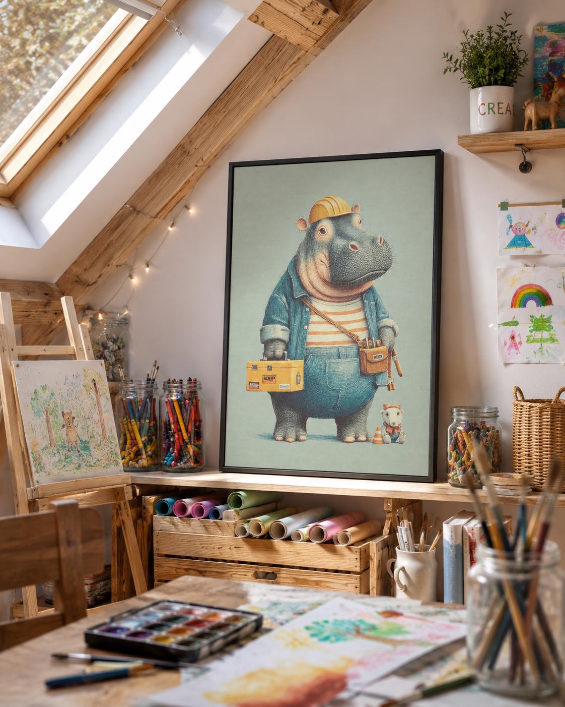 A family sitting on a bed looking at a framed hippo builder artwork above a shelf