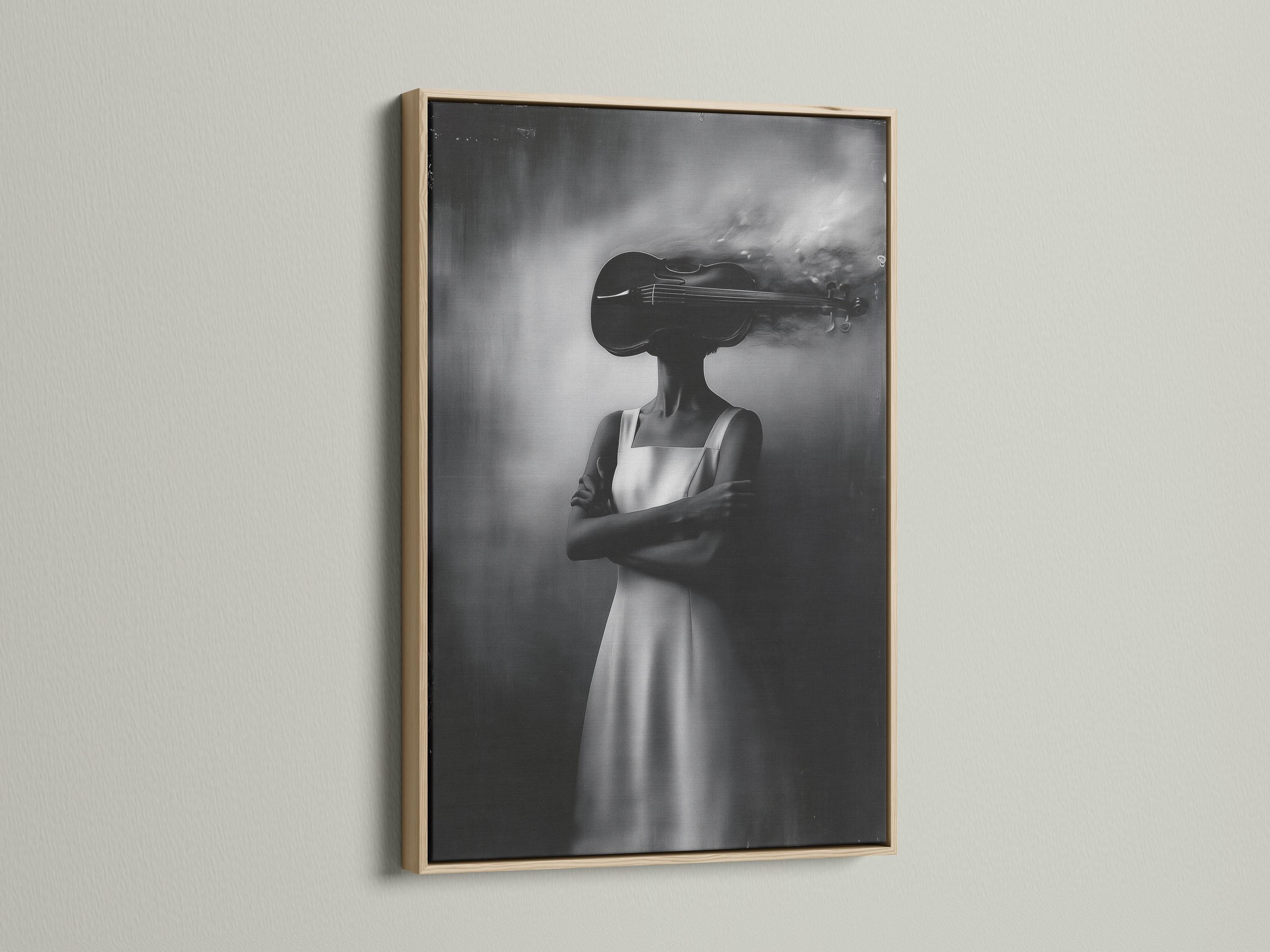 Monochrome double-exposure portrait of a woman holding a violin detail view