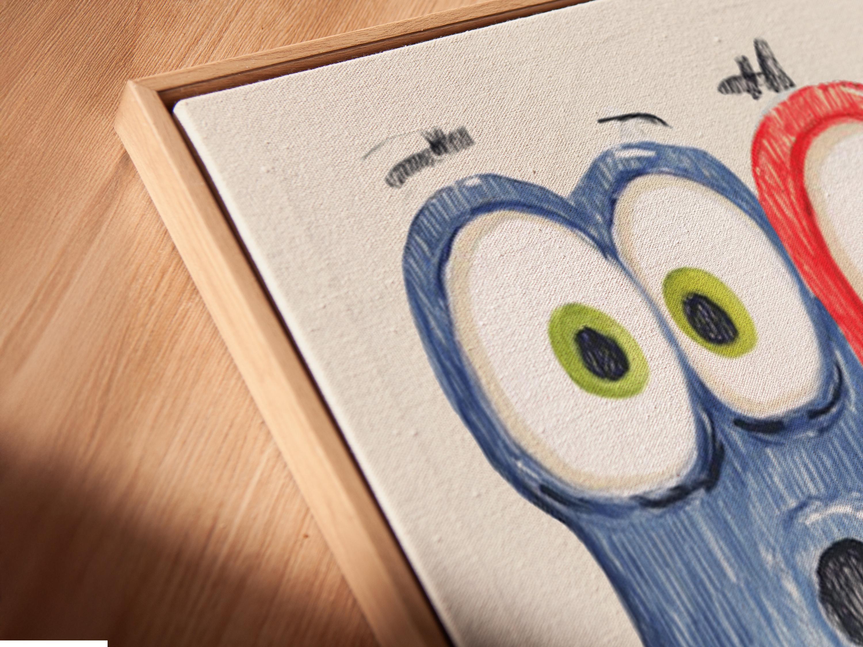 Red and blue cartoon monster with big eyes and a toothy grin on a pale background detail view