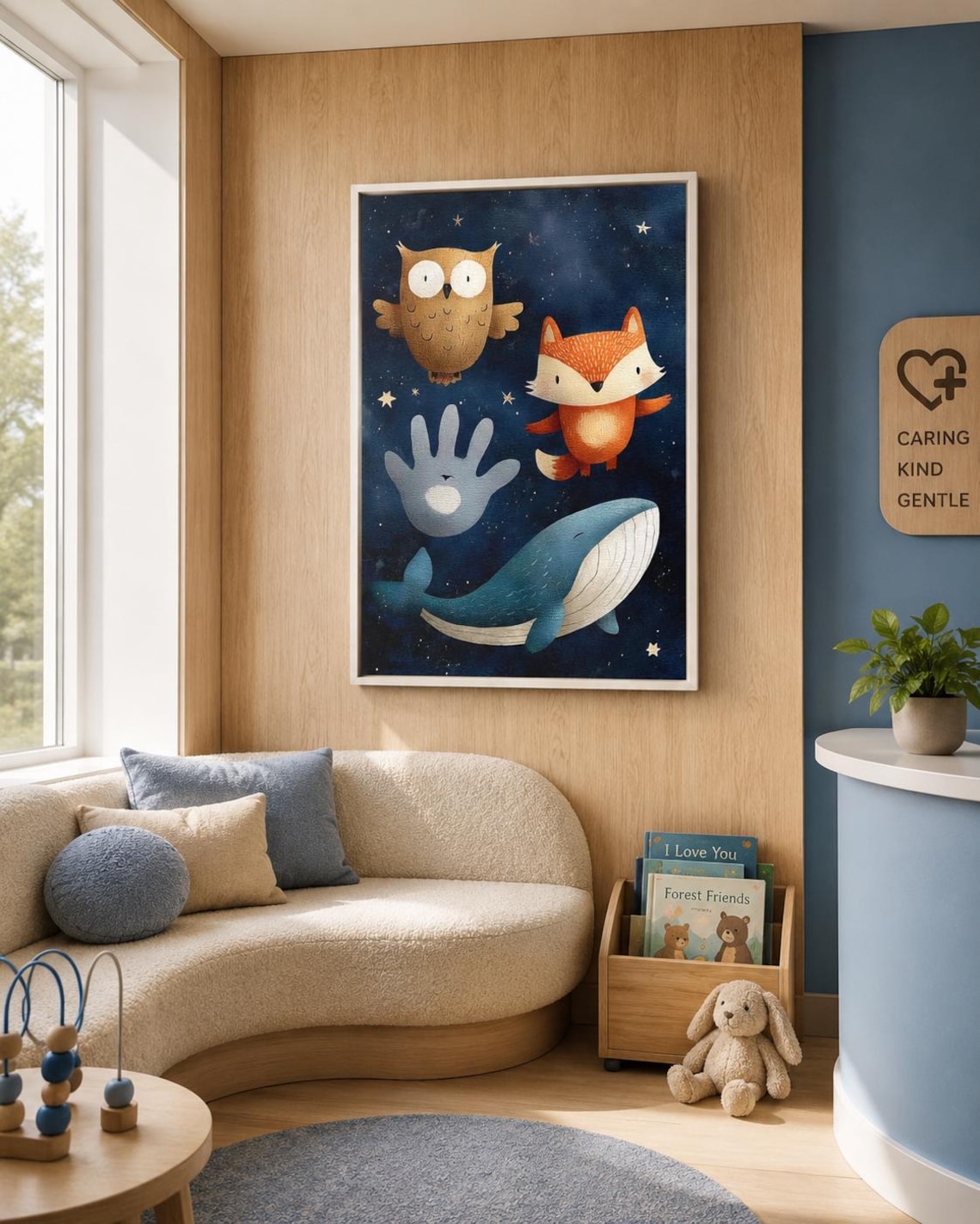 Illustrated whale, fox and owl in a navy starry-night scene with stars detail view