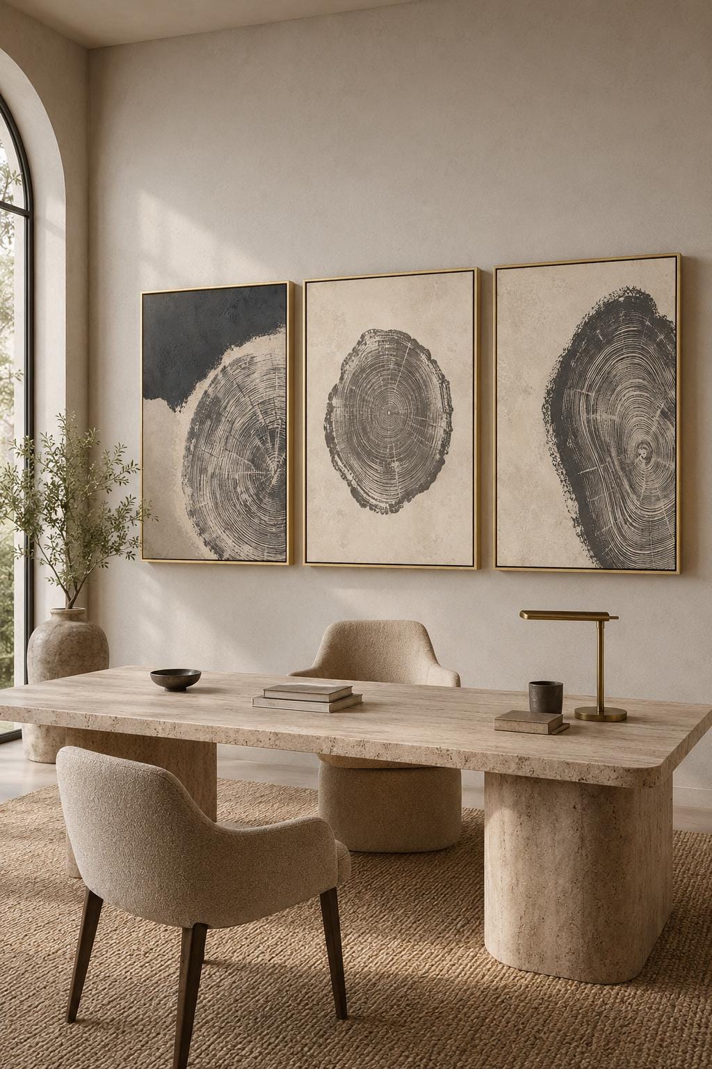 Three-panel abstract tree-ring circles in grey linework on neutral backgrounds detail view