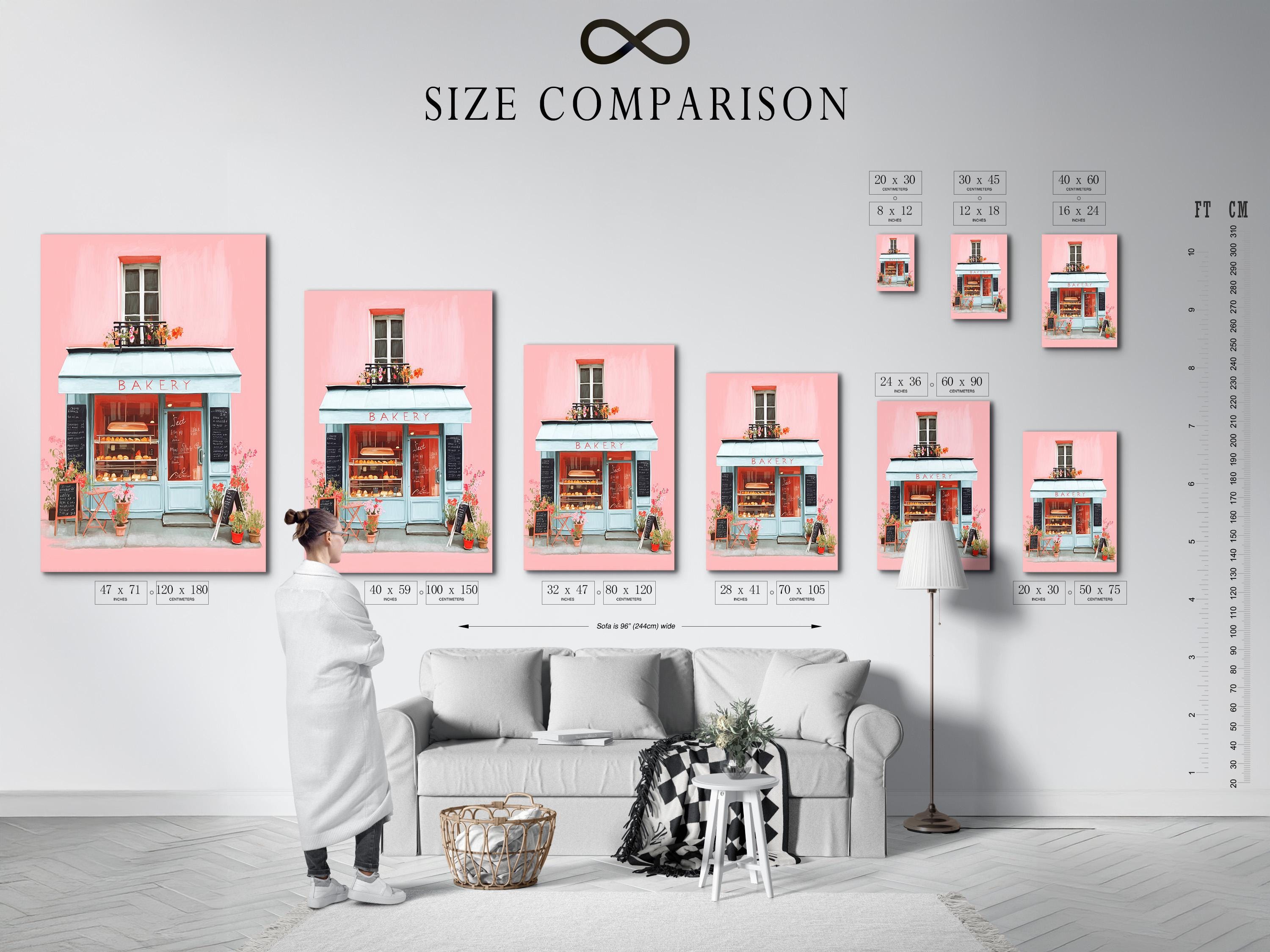 Room mockup showing a framed pastel bakery shopfront illustration