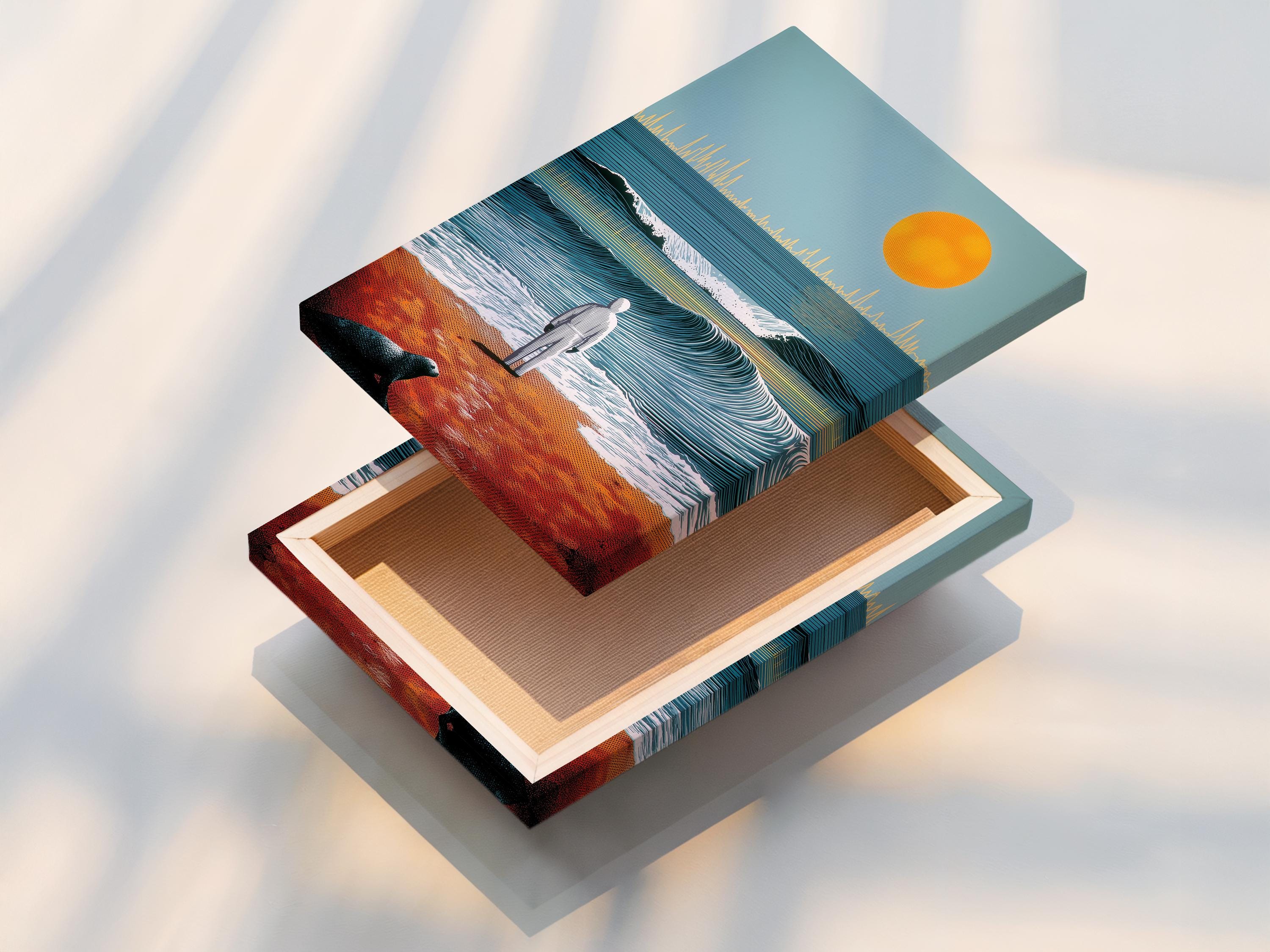Stylised seascape with teal ocean waves, an orange sun, a beach figure, and a dark animal silhouette detail view
