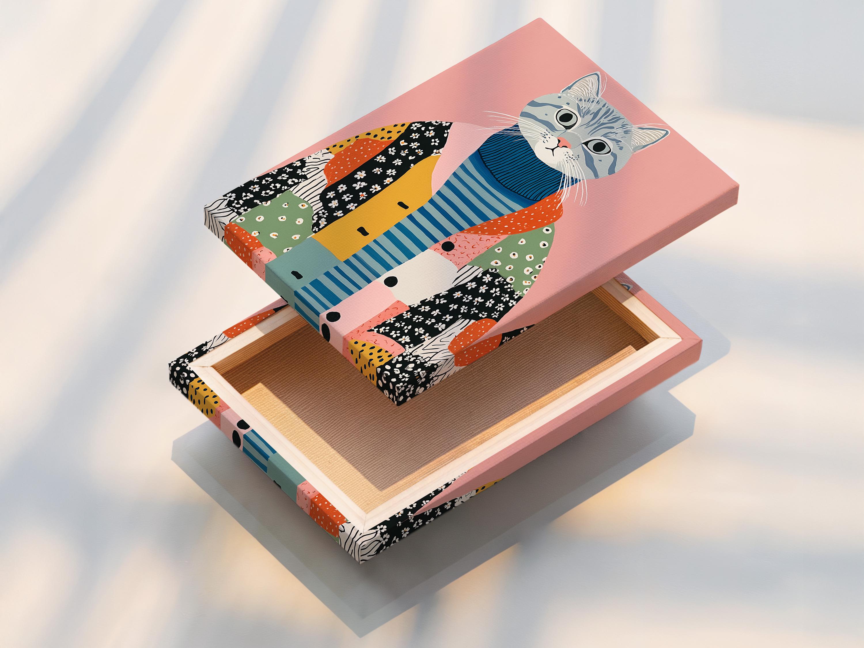 A pink background cat portrait wearing a blue striped sweater with patchwork shapes below detail view