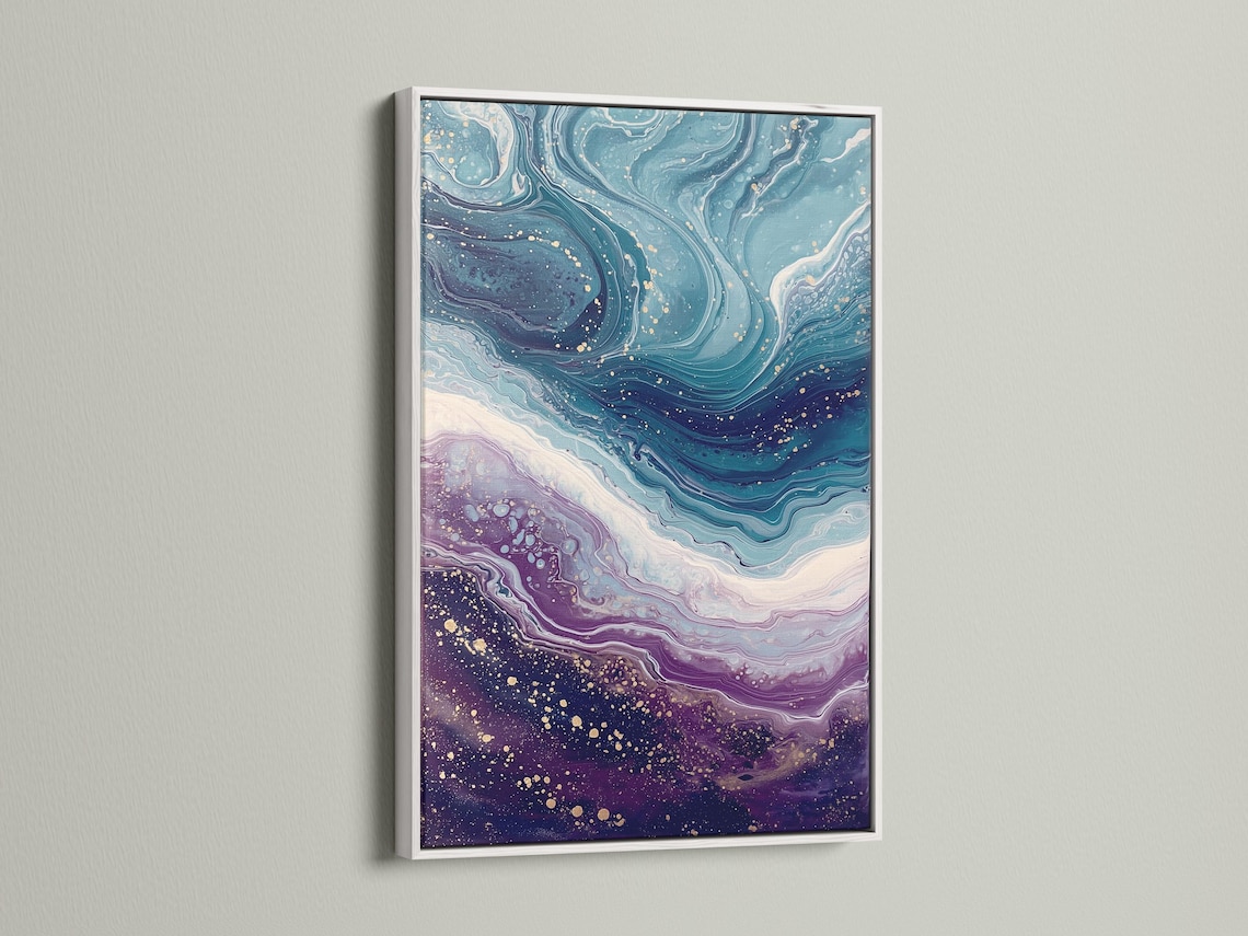 Fluid abstract wave artwork with teal, purple and gold swirls and speckles detail view