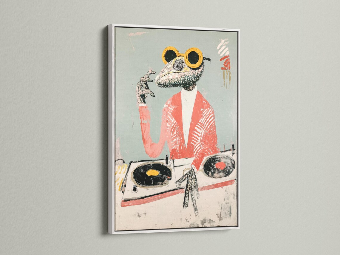 Stylised reptile DJ with goggles and headset beside a turntable on a pale teal background detail view