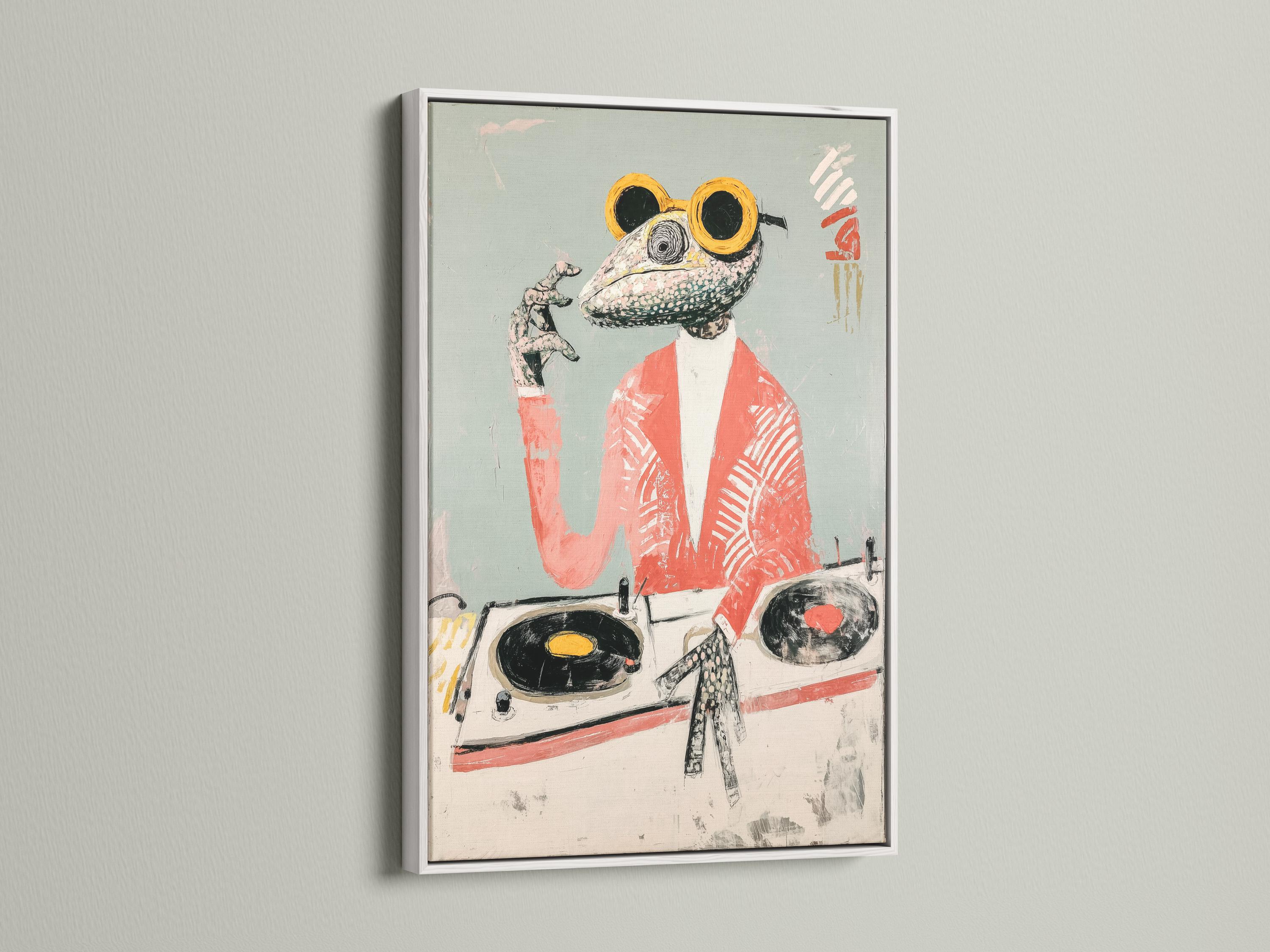 Stylised reptile DJ with goggles and headset beside a turntable on a pale teal background detail view