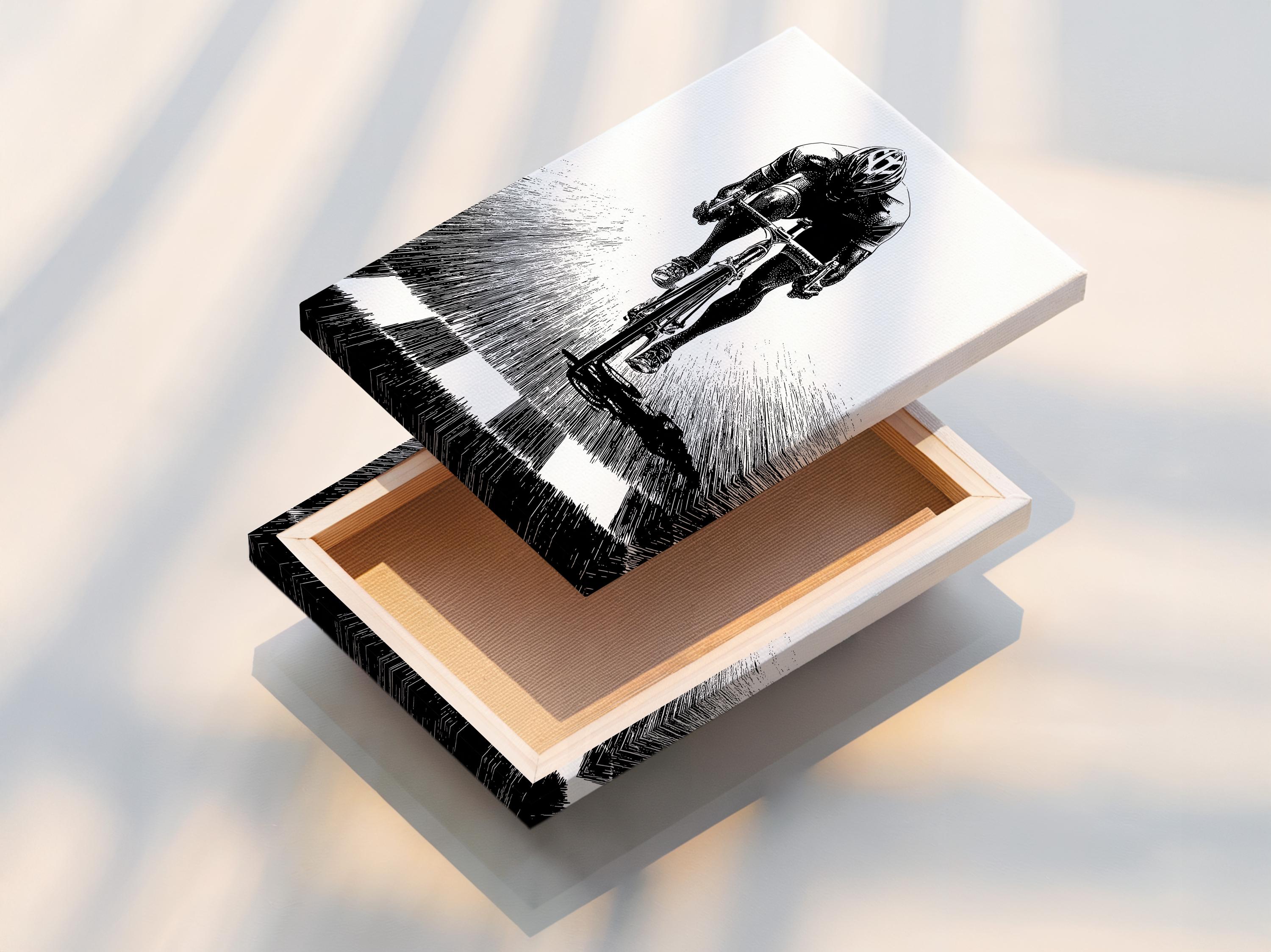 Room mockup showing a framed monochrome cyclist illustration on a light wall