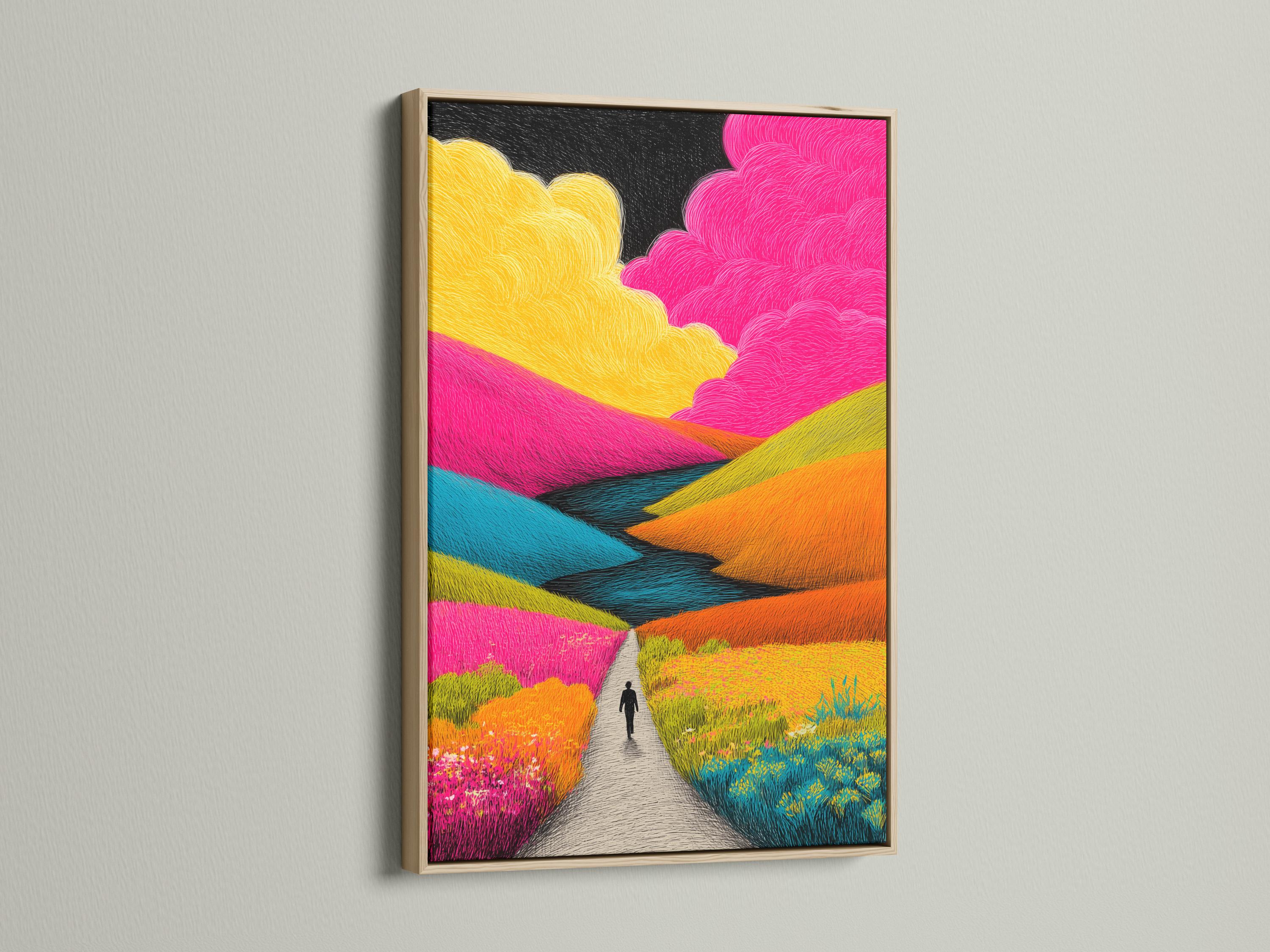 Vibrant abstract landscape with a winding path, layered pink and yellow fields, and cloud shapes under a dark sky detail view