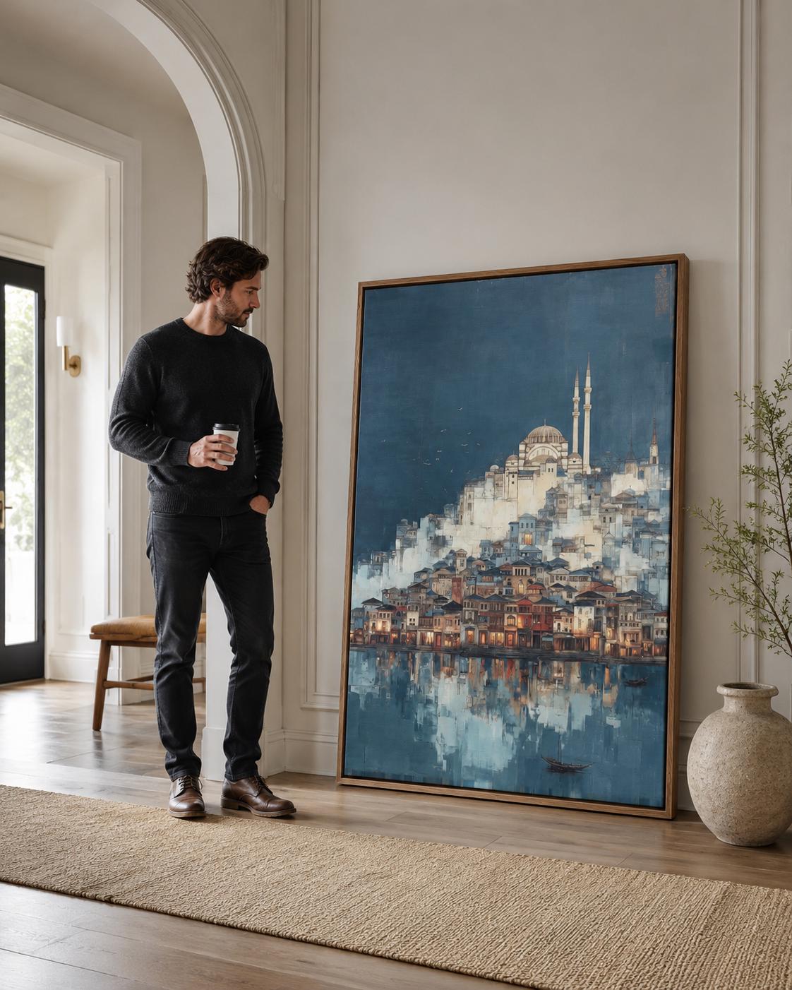 Room mockup with a framed blue cityscape mosque artwork on a wall