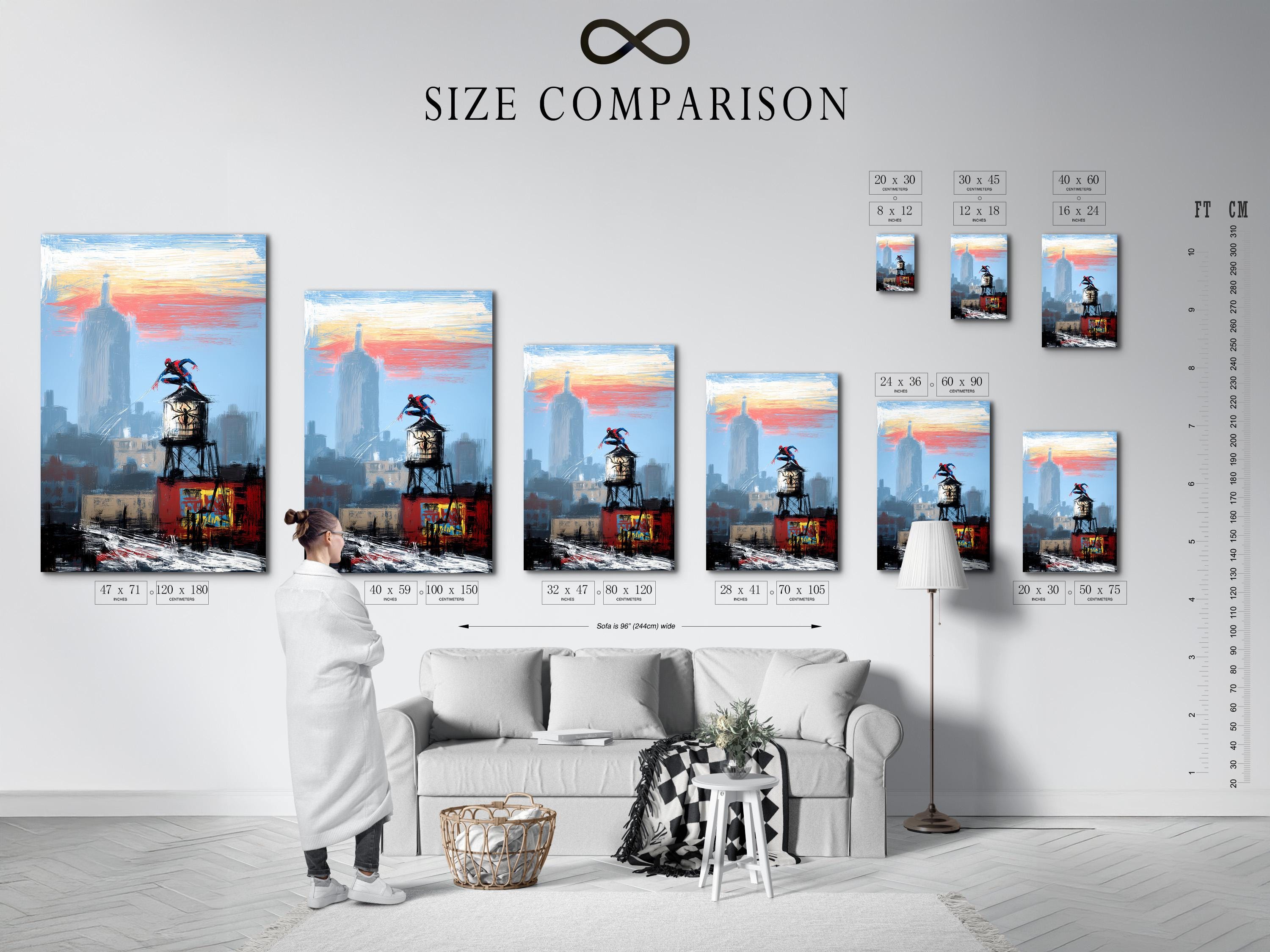 Framed blue city skyline artwork on a wall with a superhero figure and tall tower
