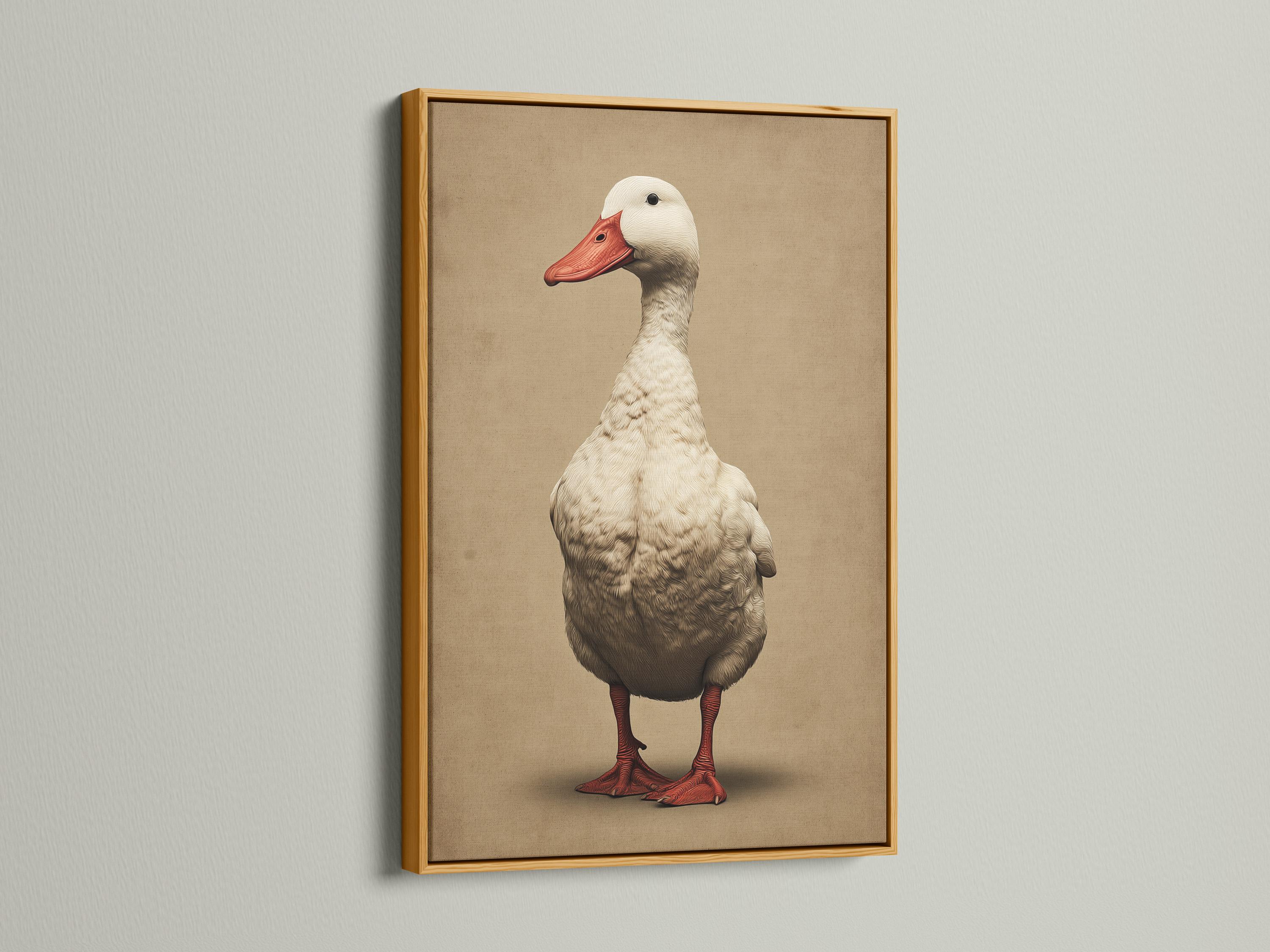 A vintage-style goose portrait with a red beak and detailed feather shading stands in front of a warm beige background detail view