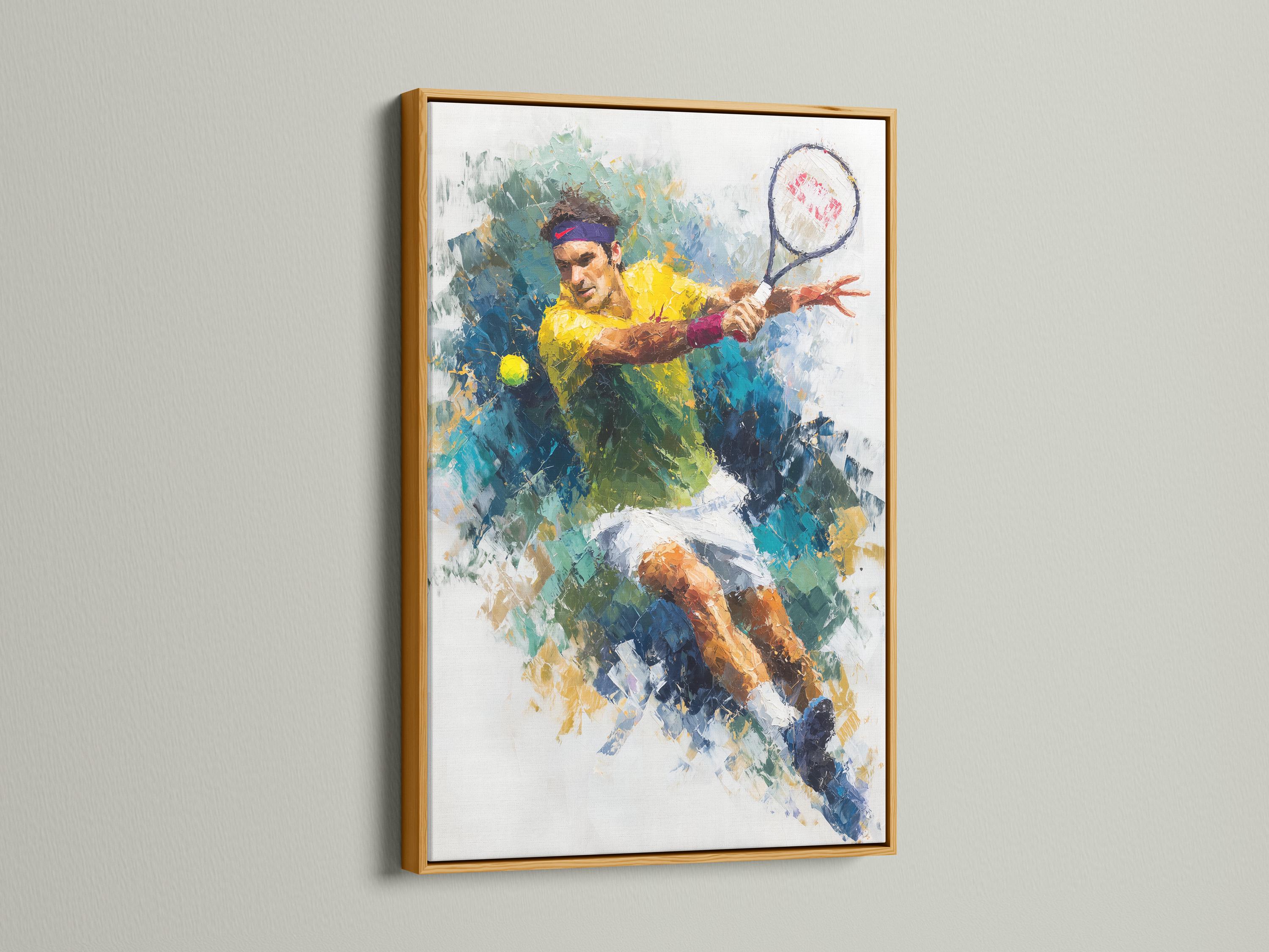 Abstract tennis player artwork in blue, teal, green and yellow with a sweeping racket arc detail view
