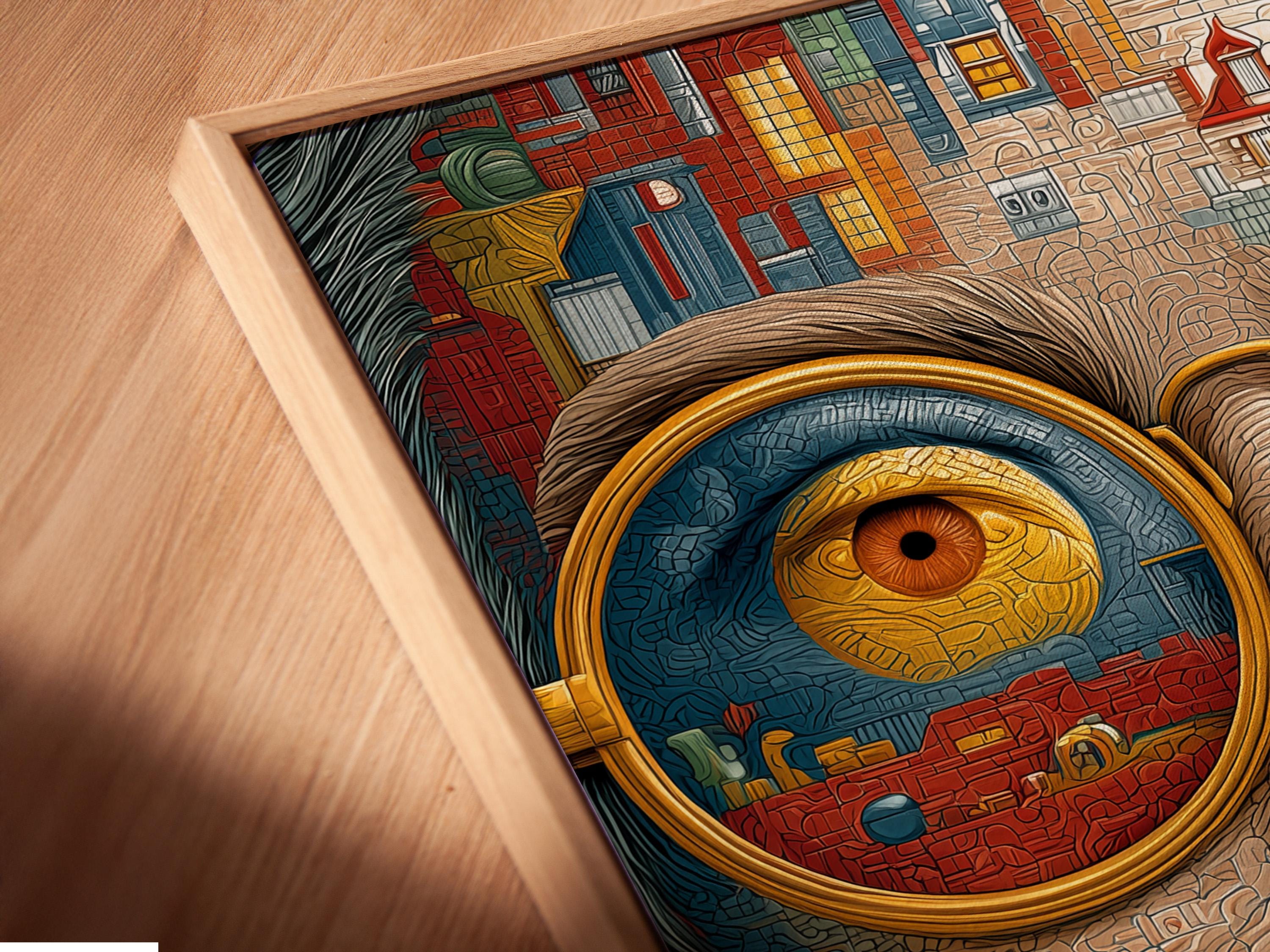 Surreal woman face artwork made from cityscape building details and oversized gold and blue eyes detail view