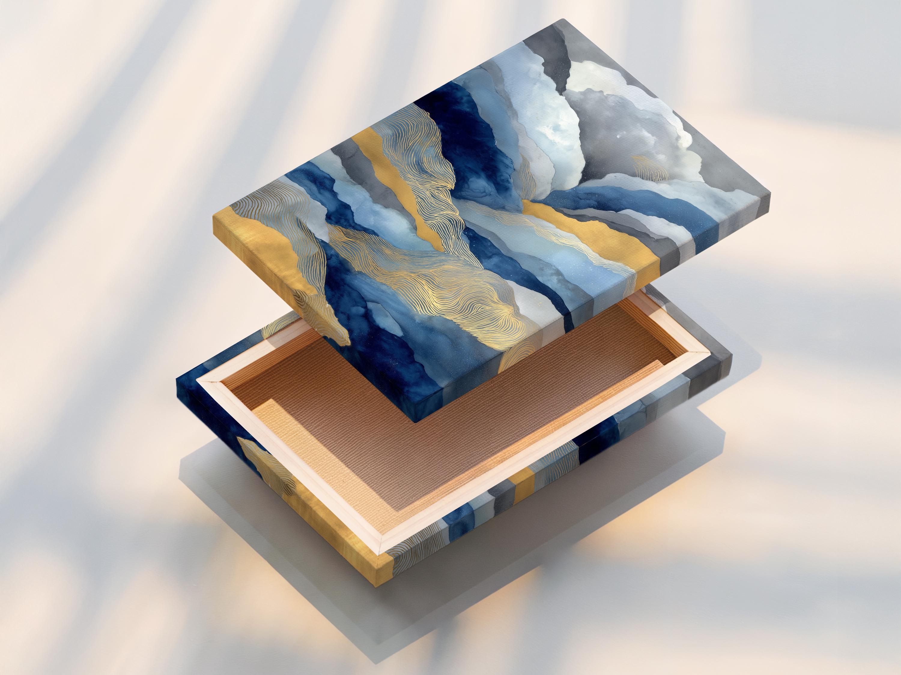 Abstract landscape with layered blue mountains, flowing contour lines, and warm gold highlights detail view