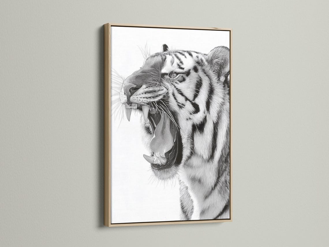 Room mockup showing a framed black and white tiger portrait artwork