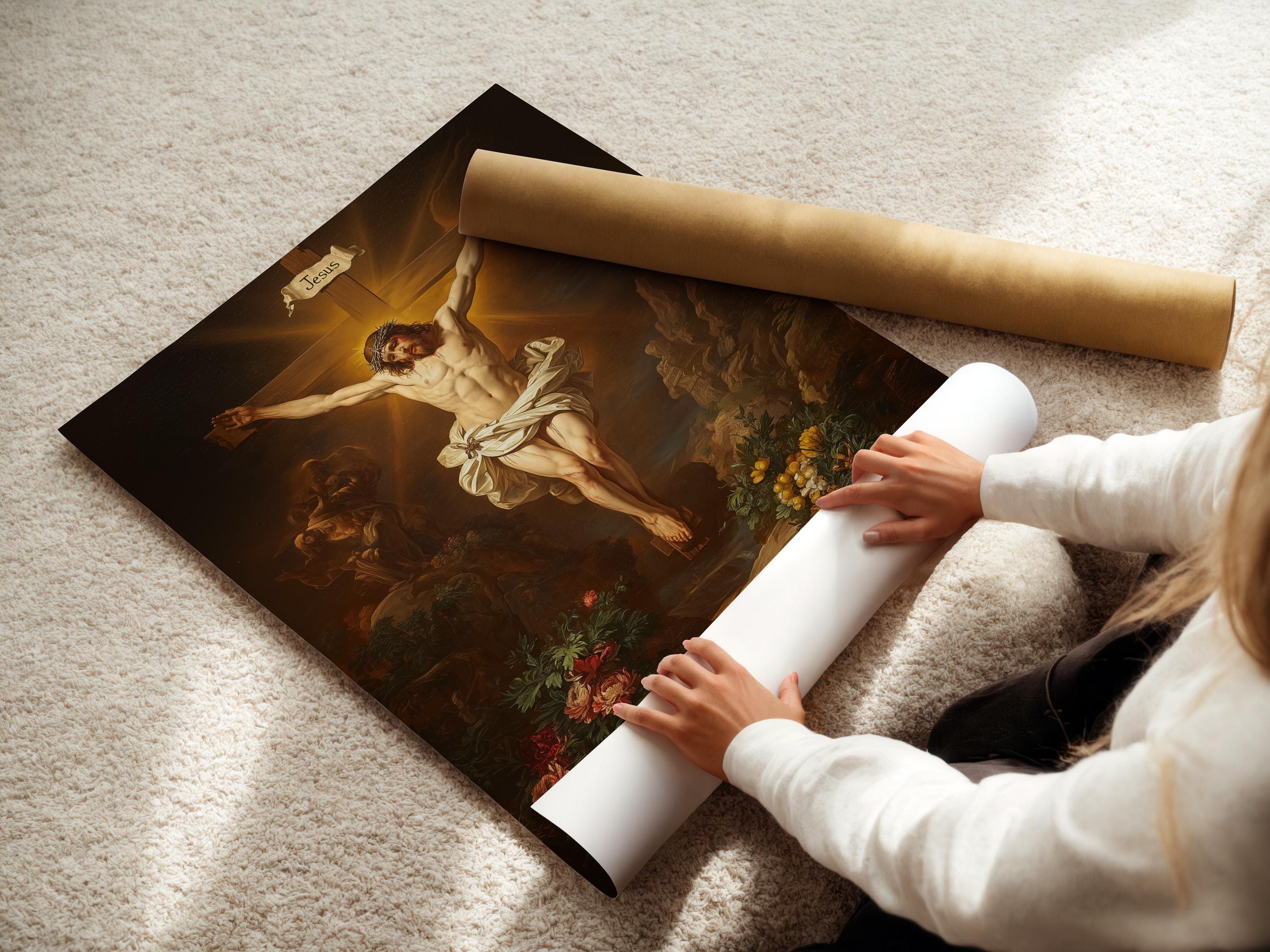 Vintage religious painting of a crucified man with warm gold light behind and flowers in the foreground; banner text reads “Jesus” detail view