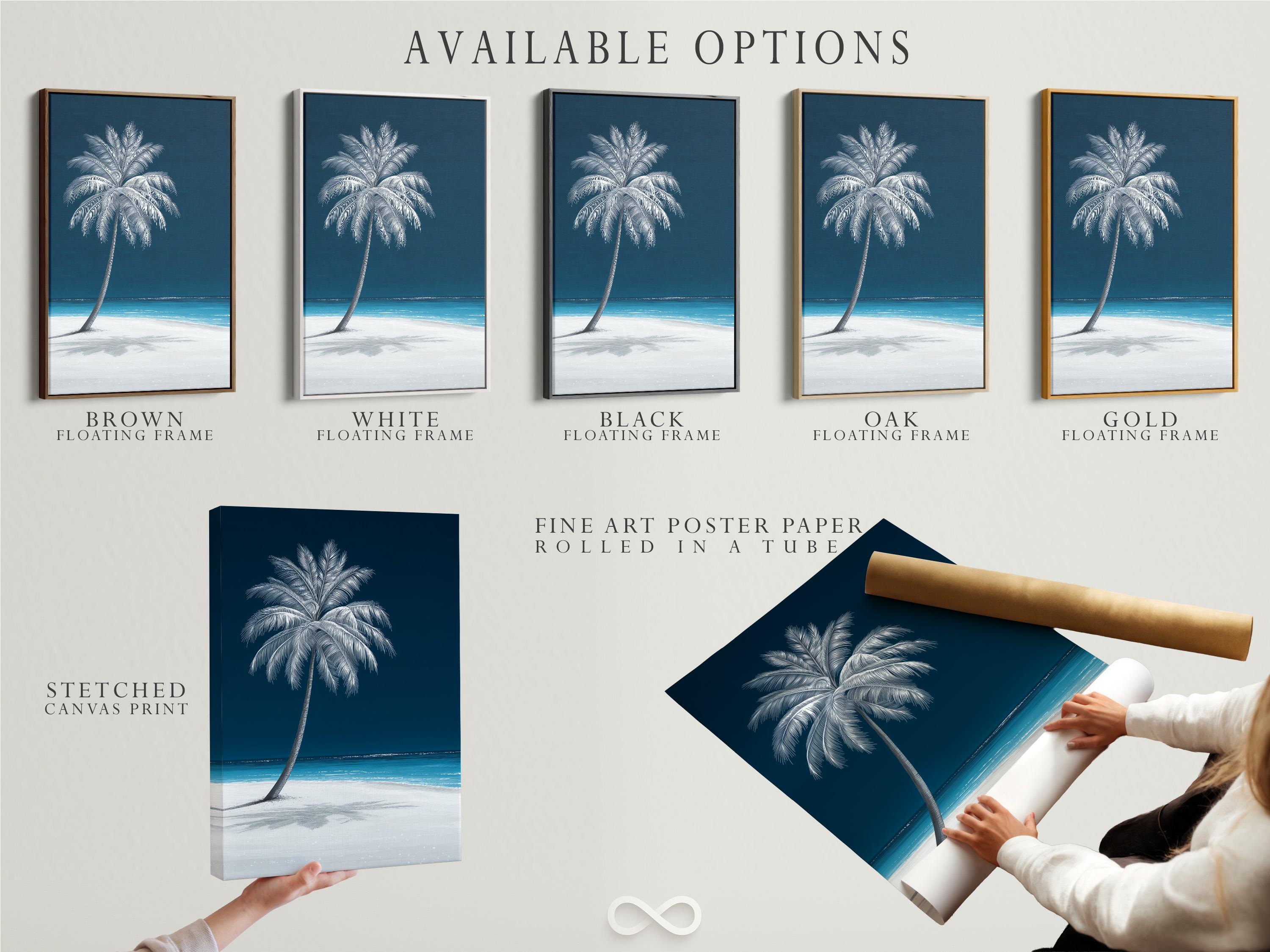 Room mockup showing framed palm tree seascape artwork