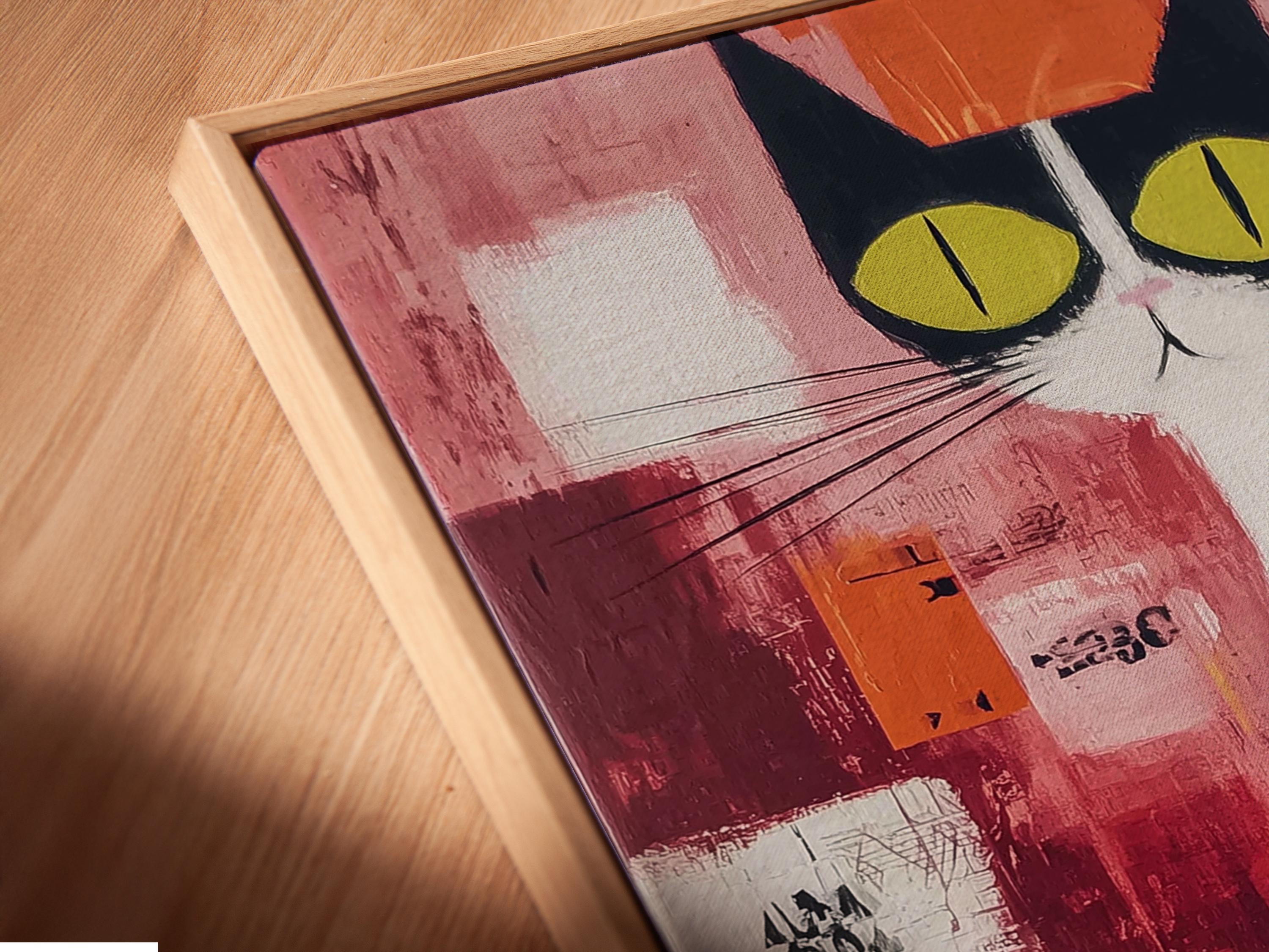 Stylised abstract cat portrait with large green eyes, whiskers, and a radial burst pattern detail view