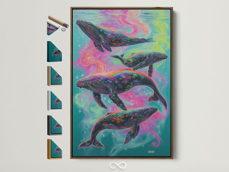 Three stylised whales swimming in a psychedelic teal, pink and yellow underwater scene