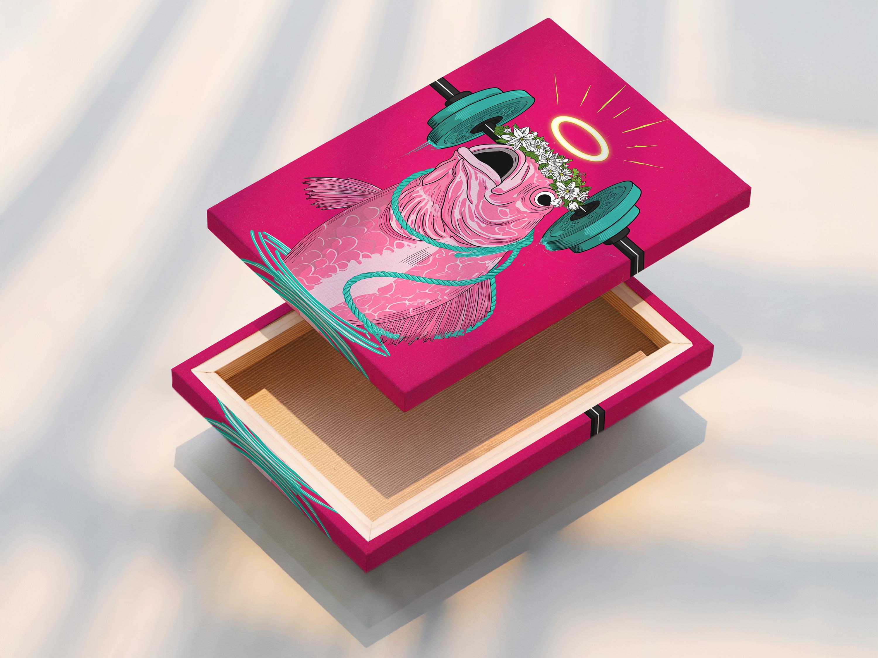 Stylised pink fish lifting a teal barbell with a yellow halo and white flowers detail view