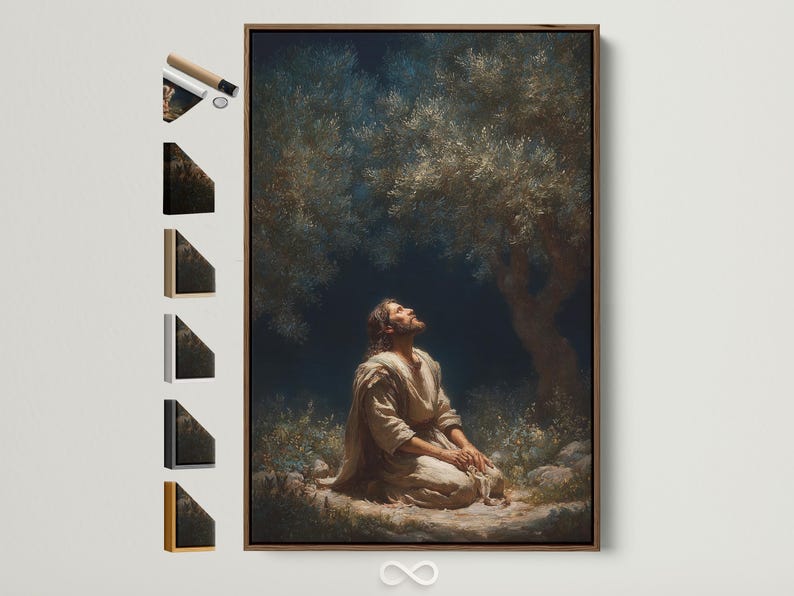 Praying figure beneath an olive-like tree with dense foliage and a deep navy background