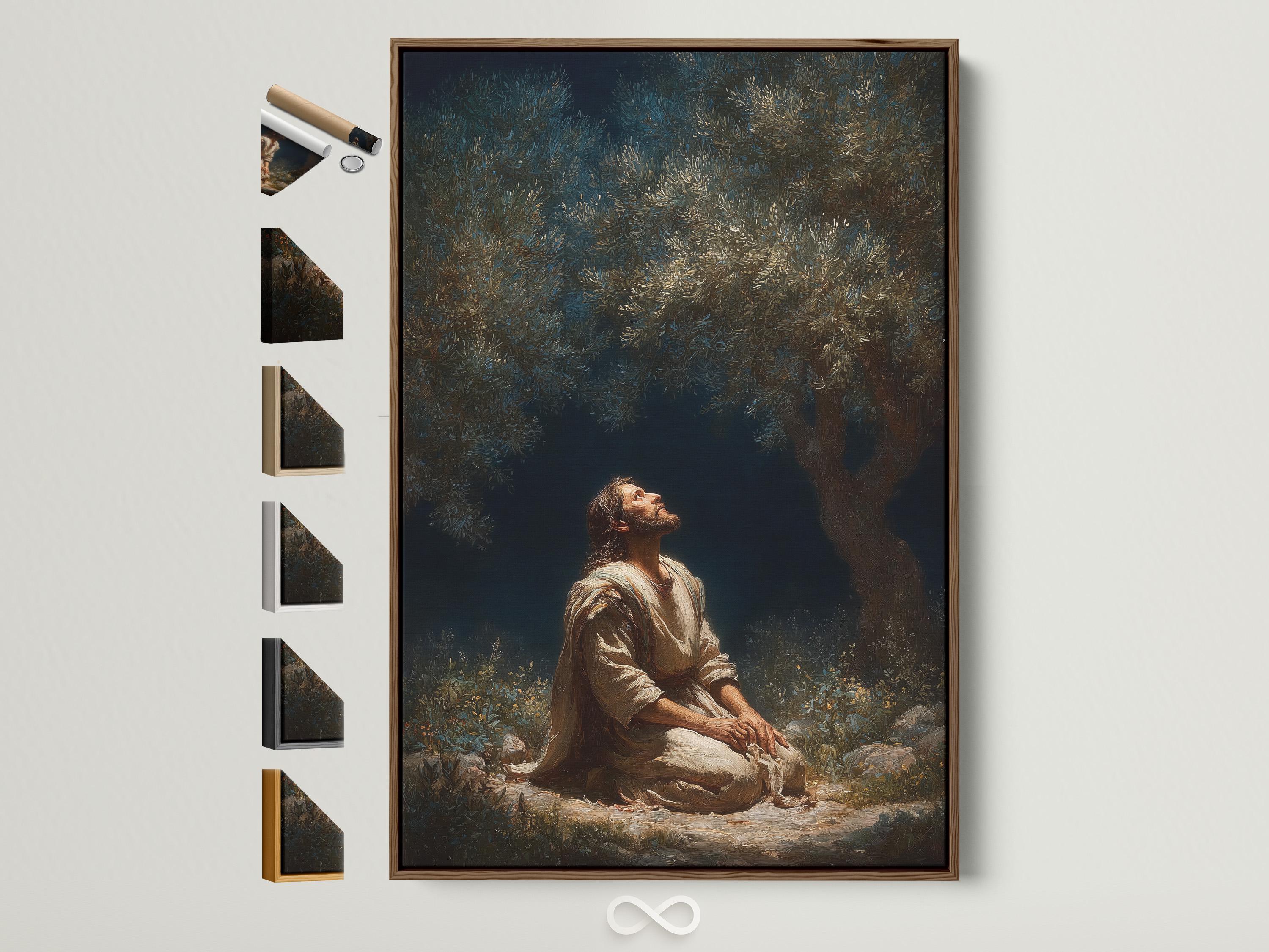 Praying figure beneath an olive-like tree with dense foliage and a deep navy background