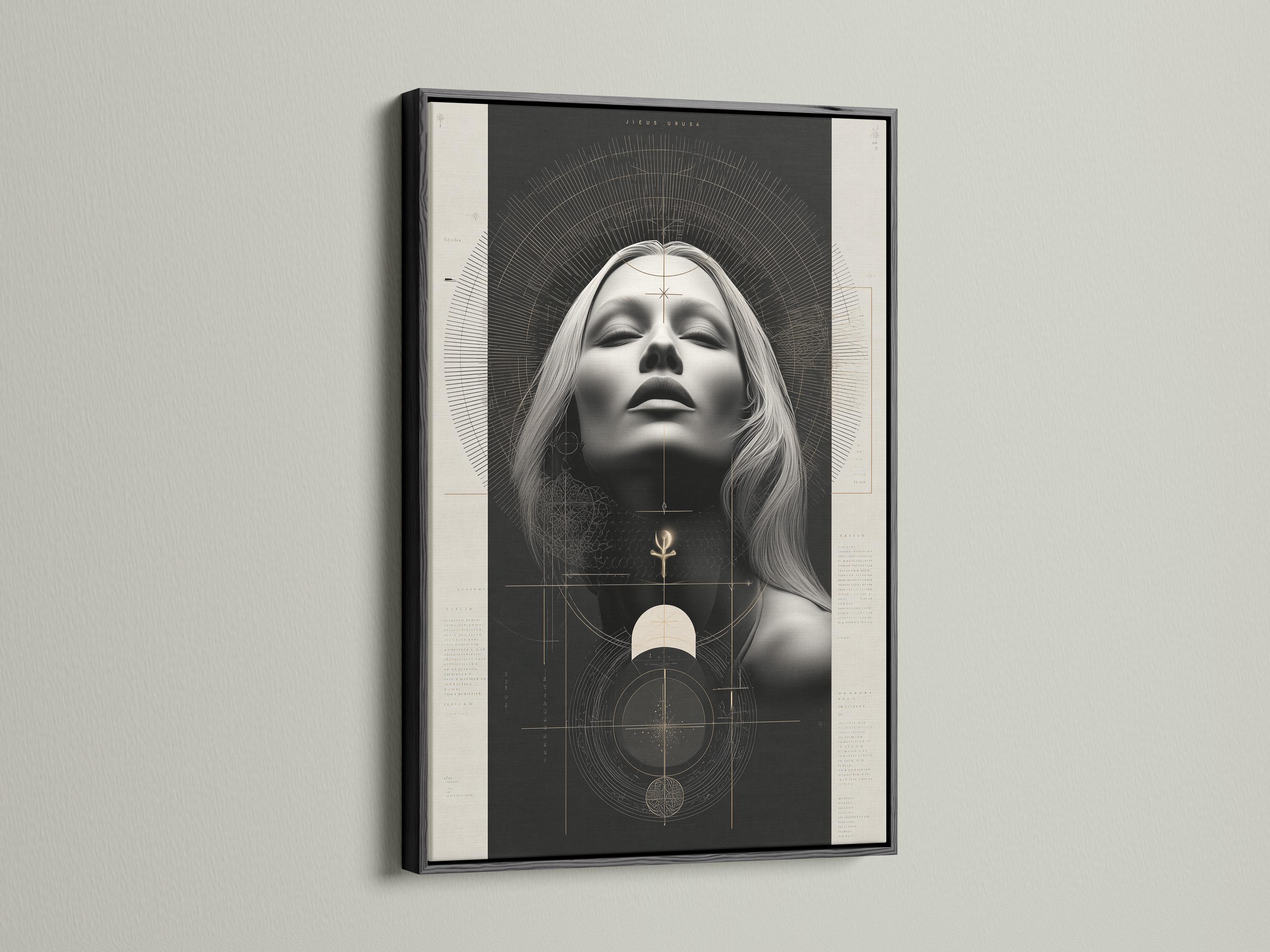 Geometric woman portrait artwork with grayscale face, arcs and black and beige tones plus small gold symbols detail view